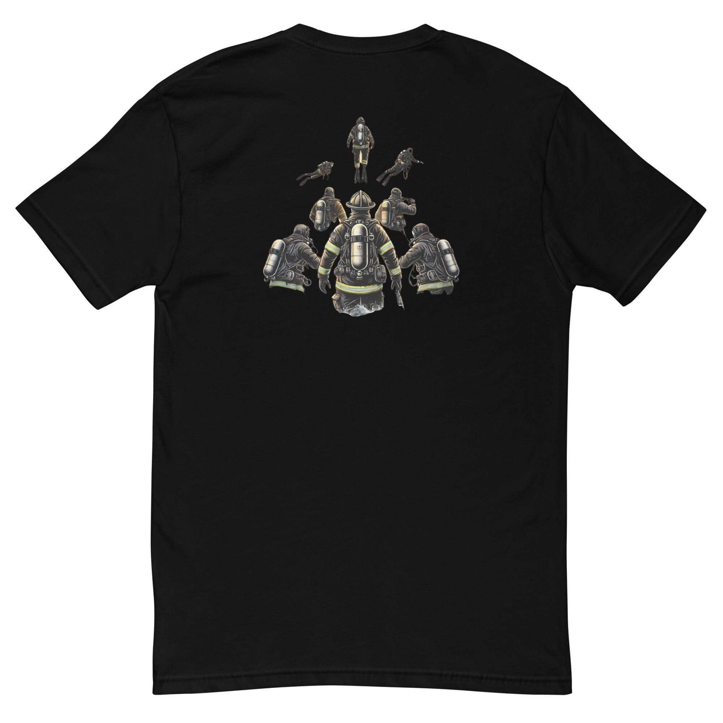 Black t-shirt featuring a design of firefighters and gear on the back, perfect for firefighter apparel and gifts.