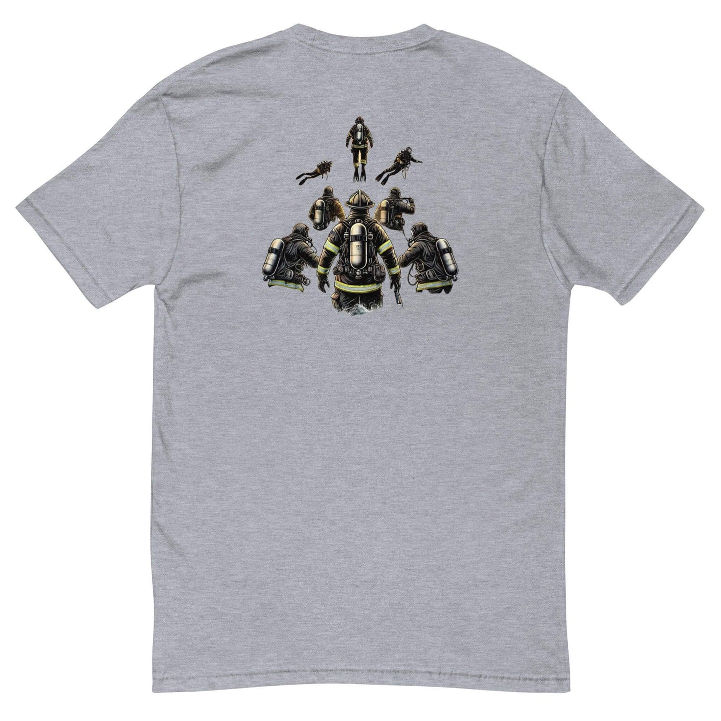 Graphic design of firefighter gear on the back of a heather grey short sleeve t-shirt, ideal for firefighter apparel.