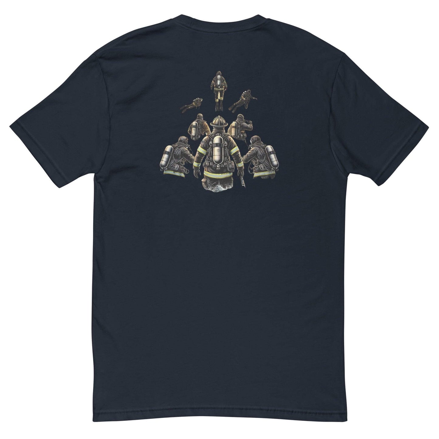 Back view of a firefighter-themed short sleeve t-shirt with graphic design featuring firefighters and gear.