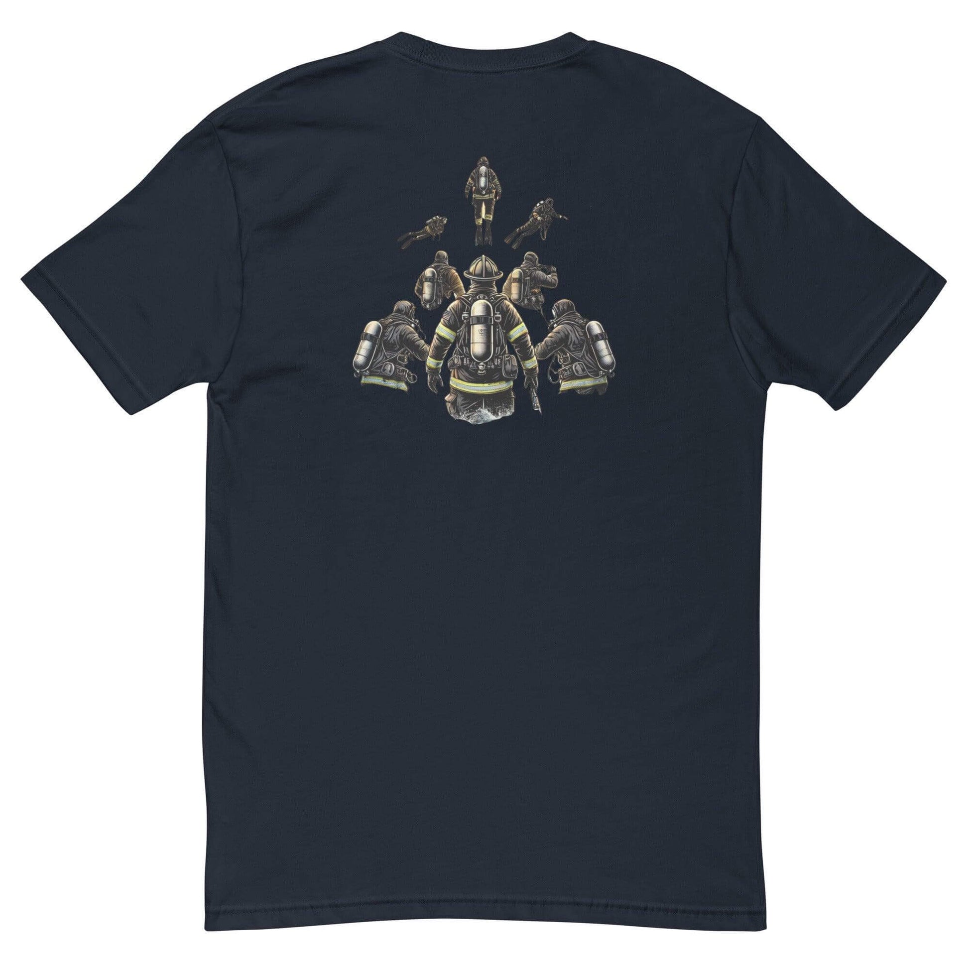 Back view of a firefighter-themed short sleeve t-shirt with graphic design featuring firefighters and gear.