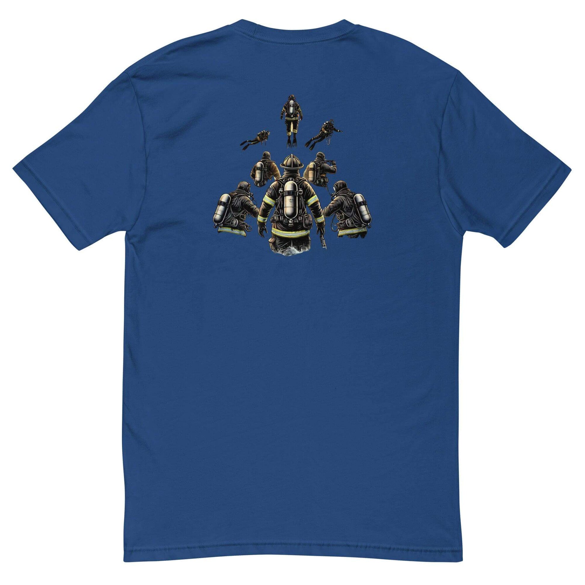 Short sleeve blue t-shirt featuring firefighter graphics on the back, perfect for firefighter gifts or apparel.