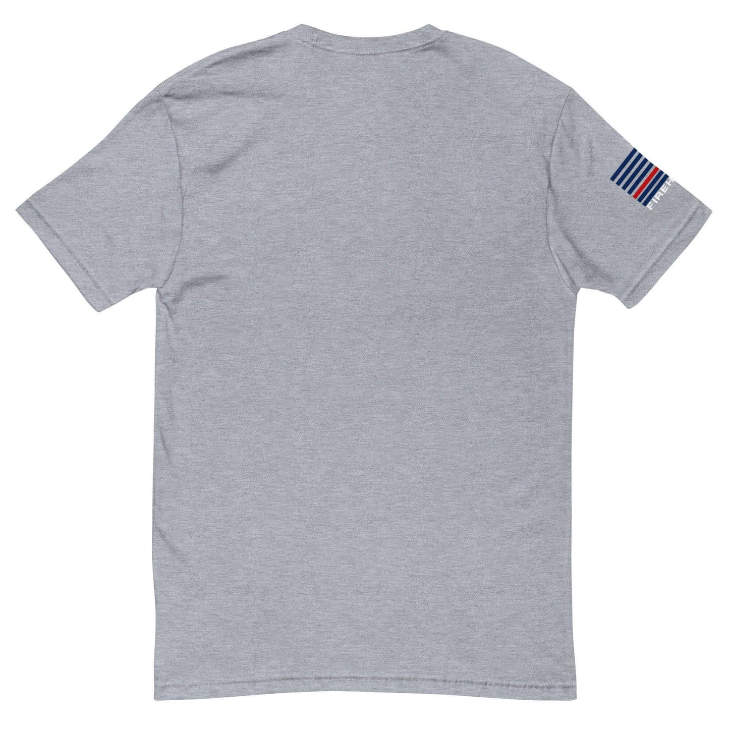 Back view of a comfortable heather grey short sleeve t-shirt with a flag emblem, perfect for firefighter apparel and gifts.