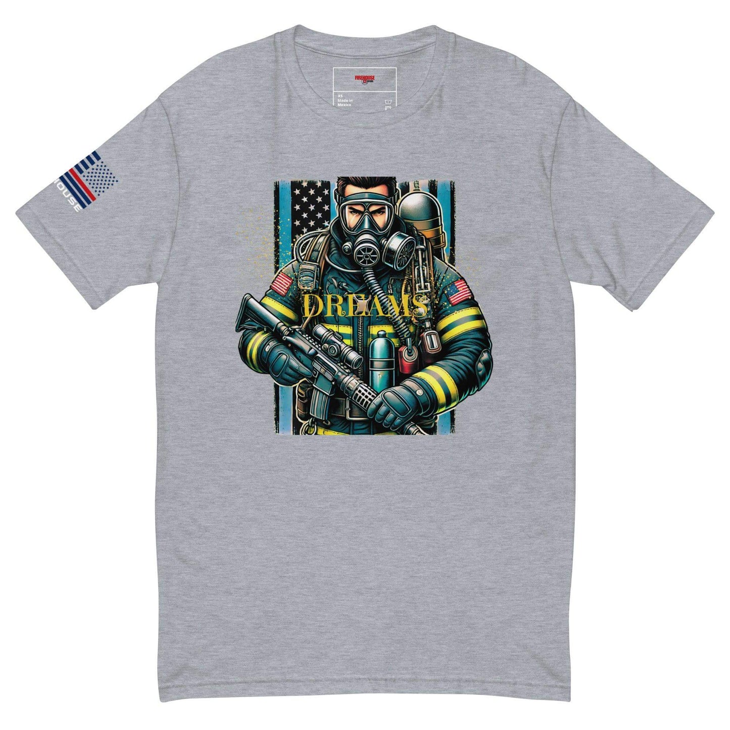 Short sleeve firefighter t-shirt featuring a graphic of a firefighter in gear, perfect for firehouse gifts and firefighter apparel.