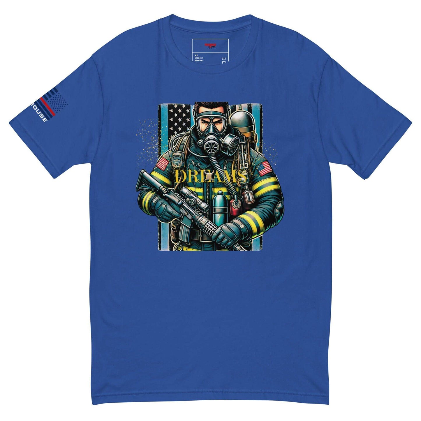 Blue t-shirt featuring a graphic of a firefighter in gear, celebrating firefighter apparel and gifts.