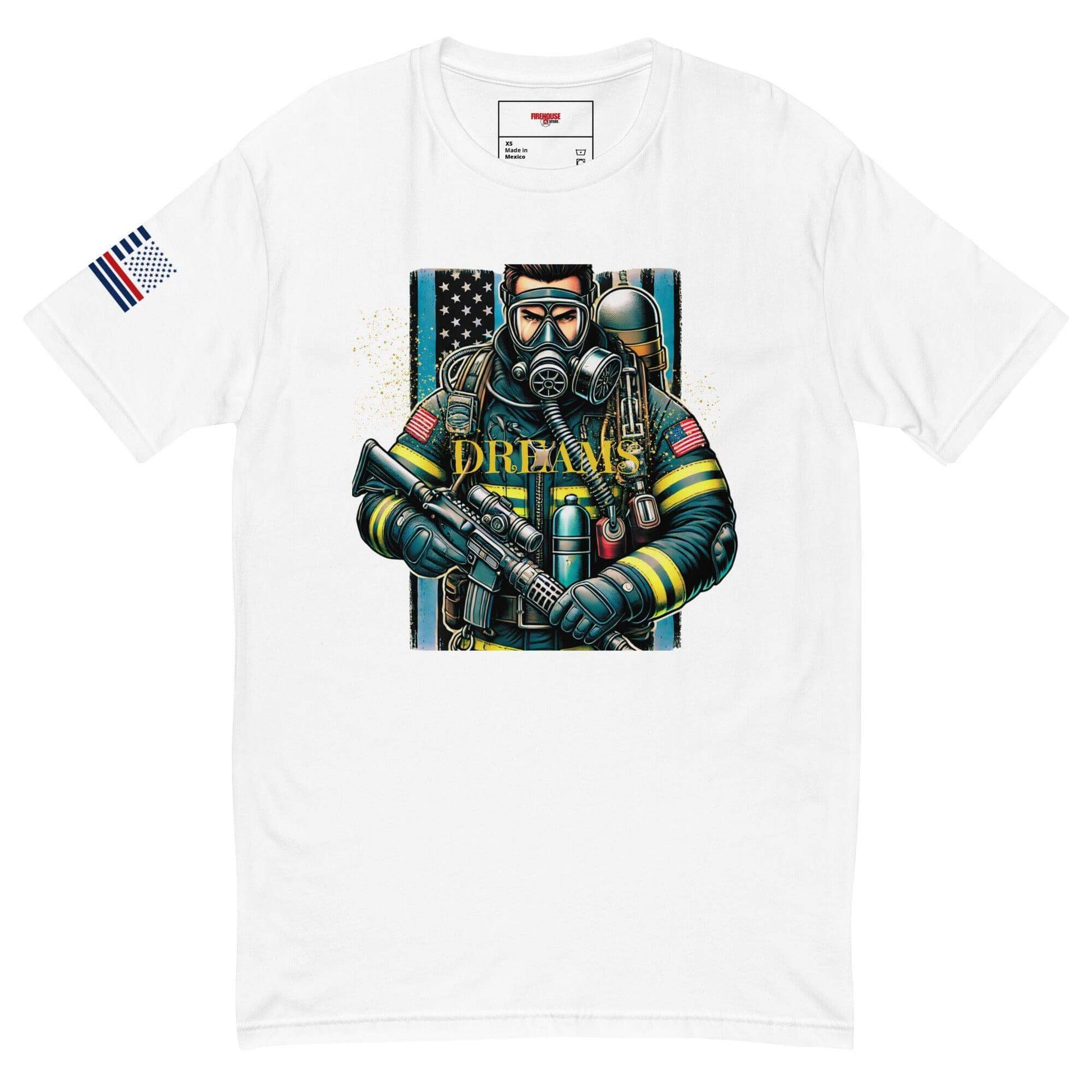 Graphic white t-shirt featuring a firefighter in gear with an American flag, ideal for firefighter gifts and apparel.