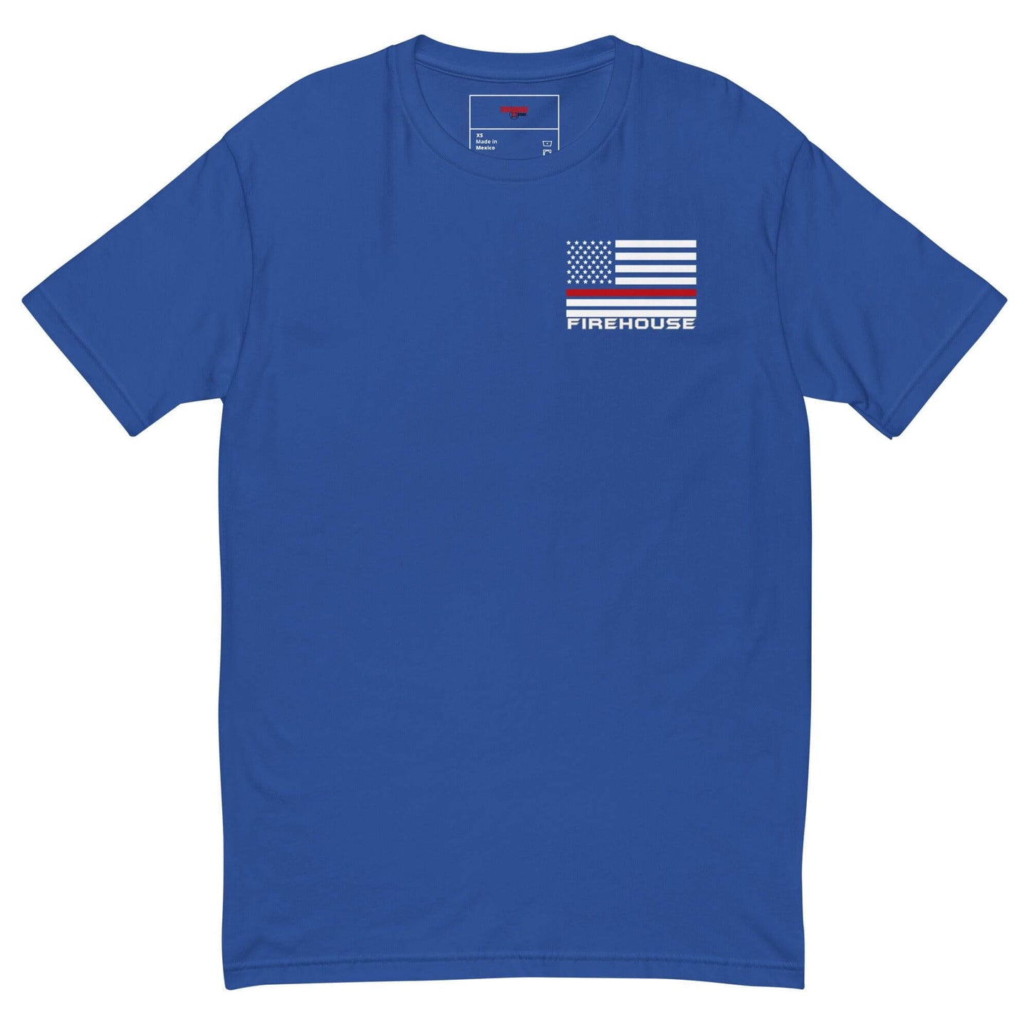 Blue short sleeve t-shirt featuring a flag and "FIREHOUSE" design, perfect for firefighter apparel and gifts.