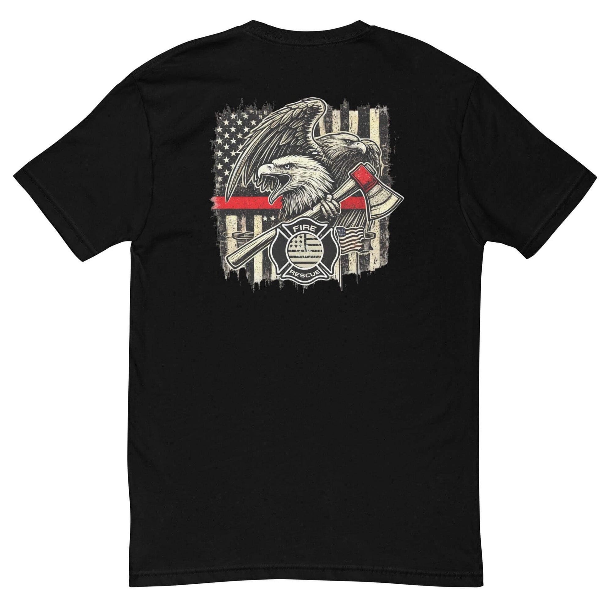 Black short sleeve t-shirt featuring an eagle, axe, and fire emblem, ideal for firefighter apparel and gifts.