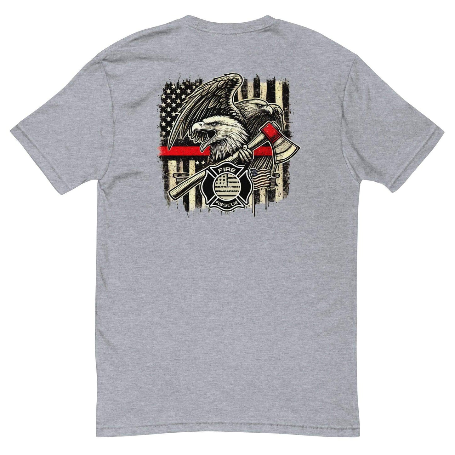 Short sleeve heather grey t-shirt featuring an eagle and firefighter axe design on back, ideal for firefighter apparel and gifts.