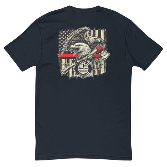 Short sleeve firefighter t-shirt featuring an eagle, axe, and flag design, ideal for firehouse gifts and firefighter apparel.