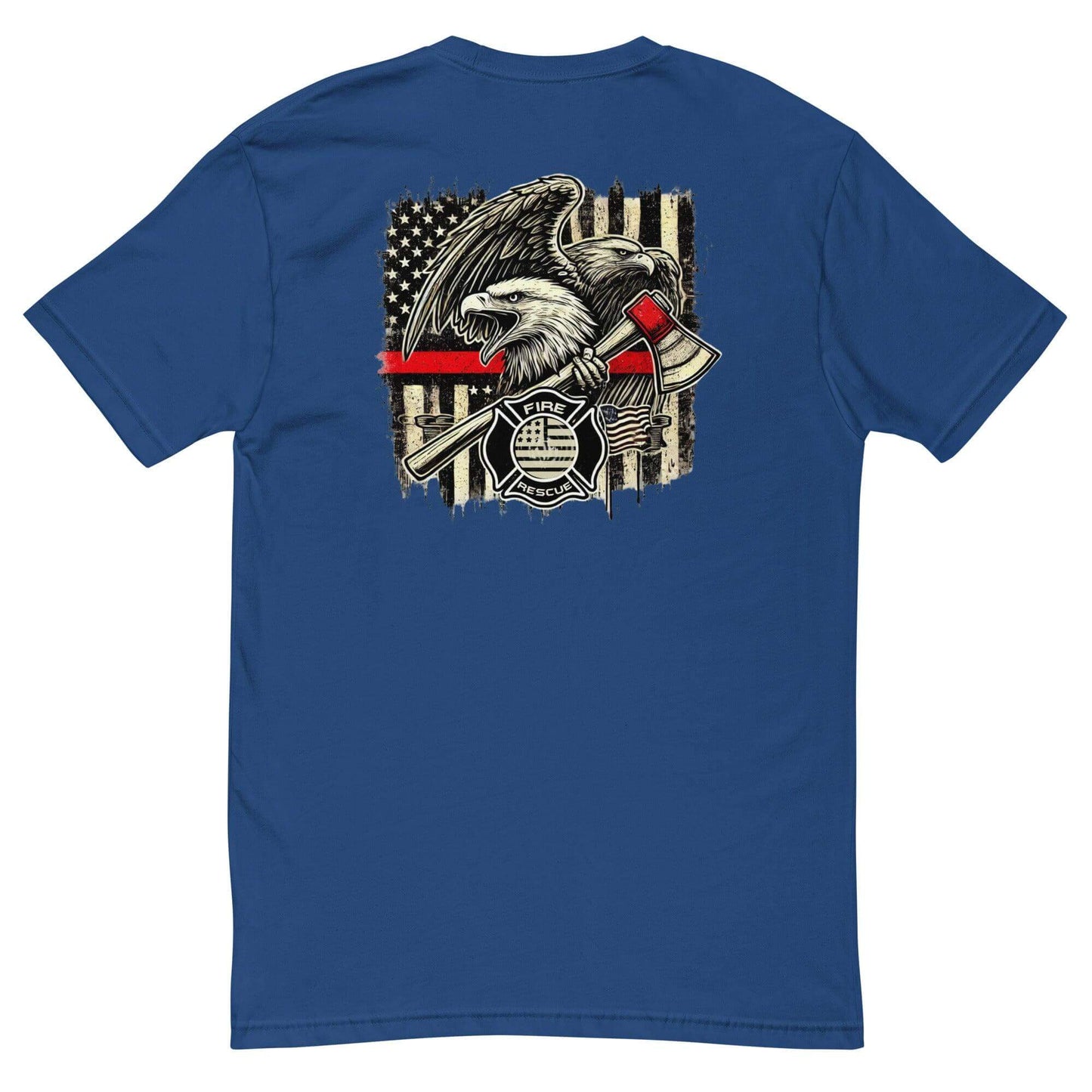 Eagle graphic on blue short sleeve t-shirt, featuring firefighter tools and American flag background, perfect firefighter apparel.