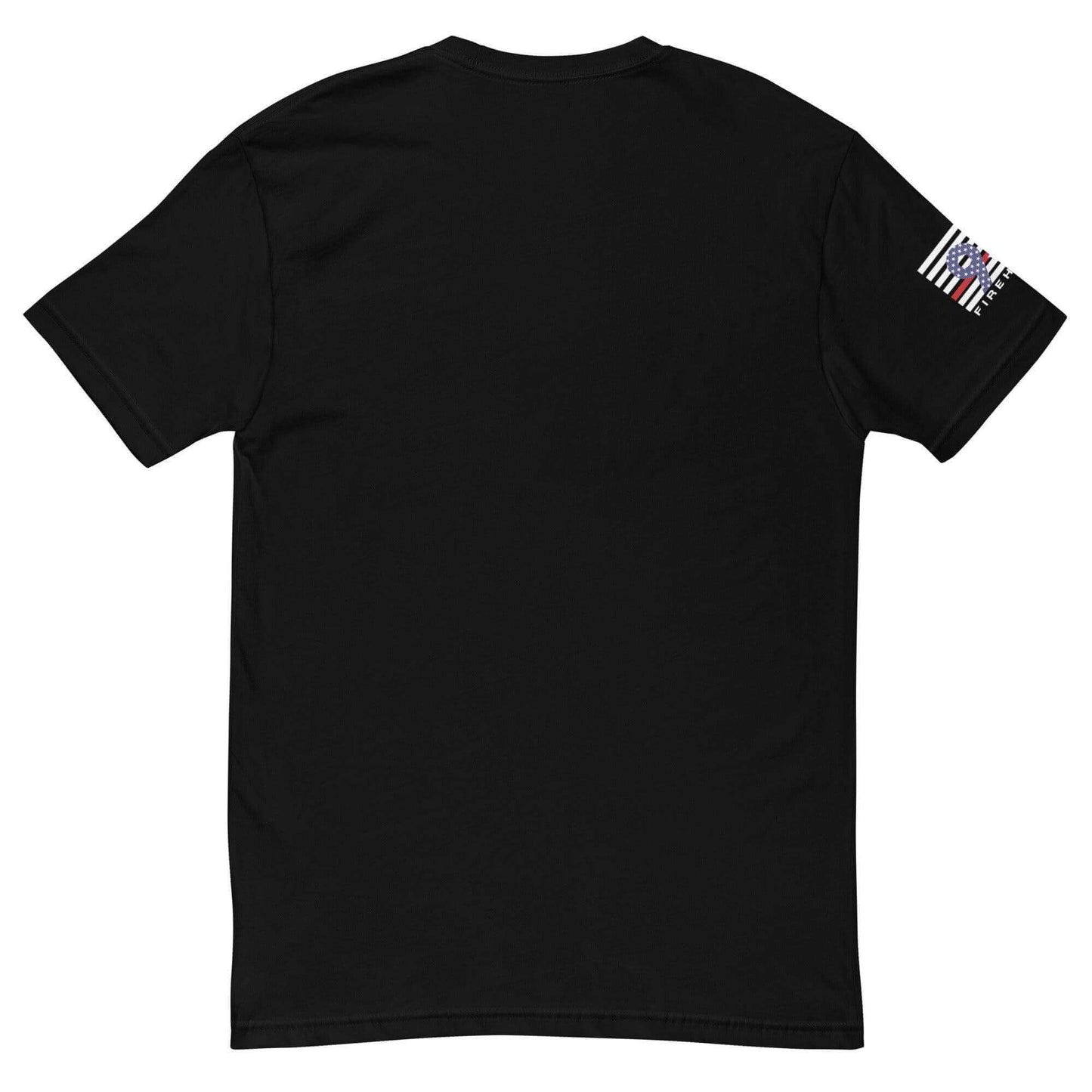 Black short sleeve t-shirt featuring firefighter flag design on sleeve, perfect for firefighter apparel and gifts.