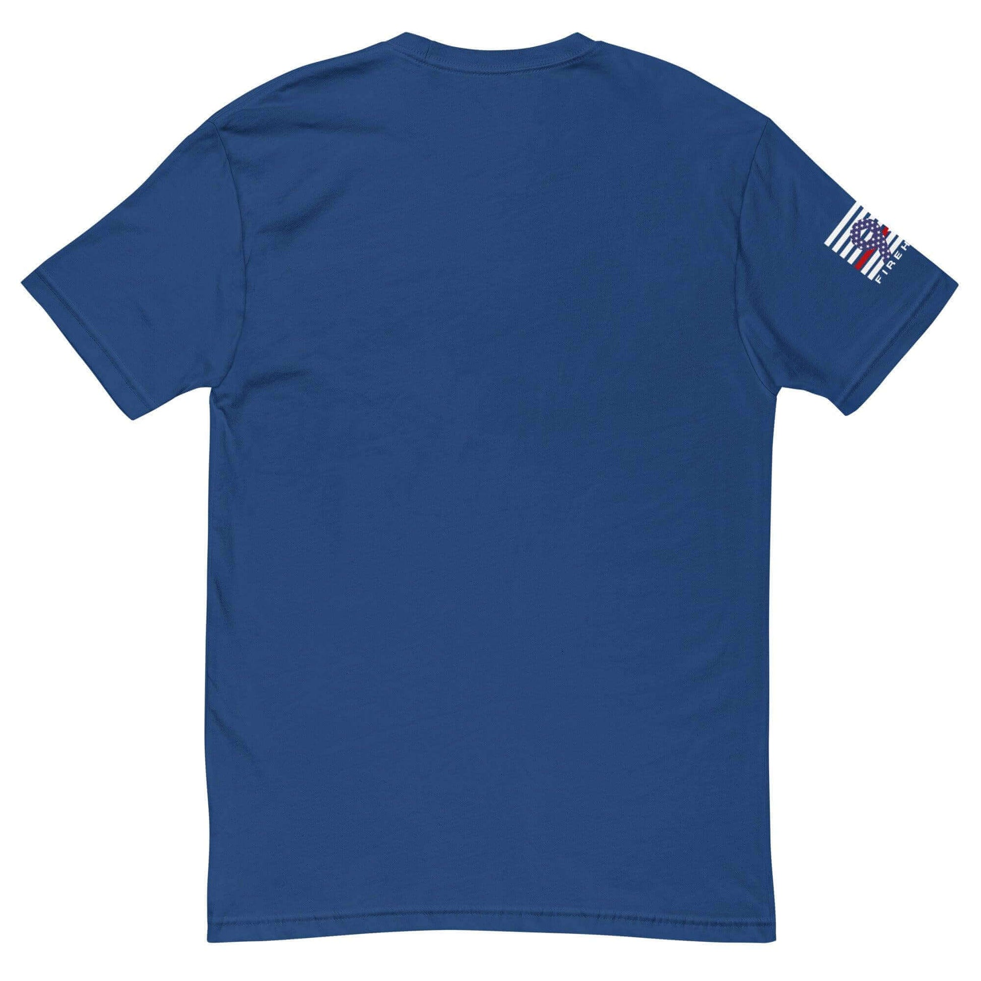 Back view of a blue short sleeve t-shirt featuring a patriotic design on the sleeve, ideal for firefighter apparel and gifts.