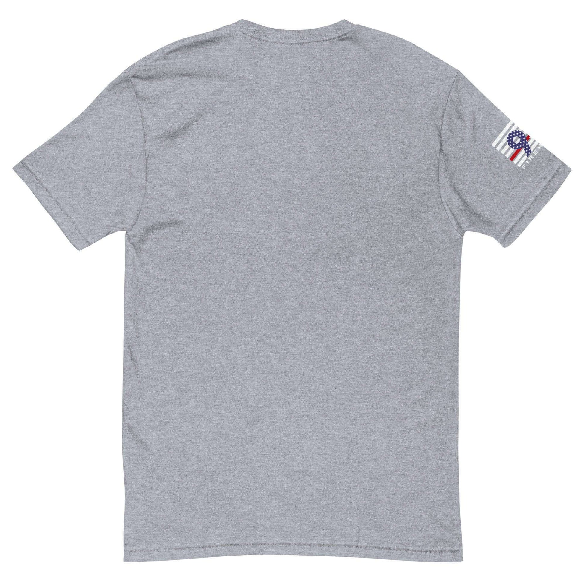 Back view of a comfortable grey short sleeve t-shirt featuring a firefighter emblem on the sleeve. Ideal for firefighter apparel.