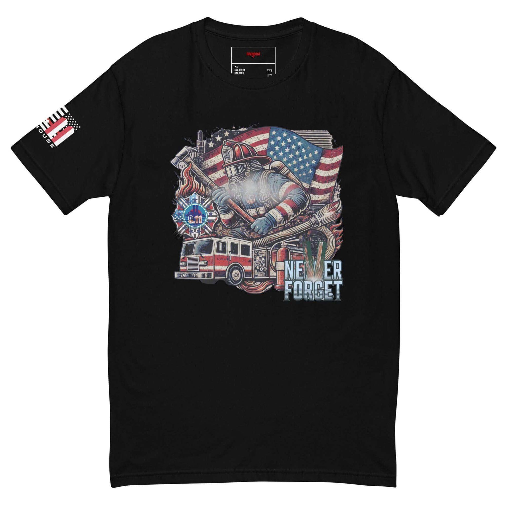 Black short sleeve firefighter t-shirt featuring graphic with fire truck, firefighter gear, and "Never Forget" text.