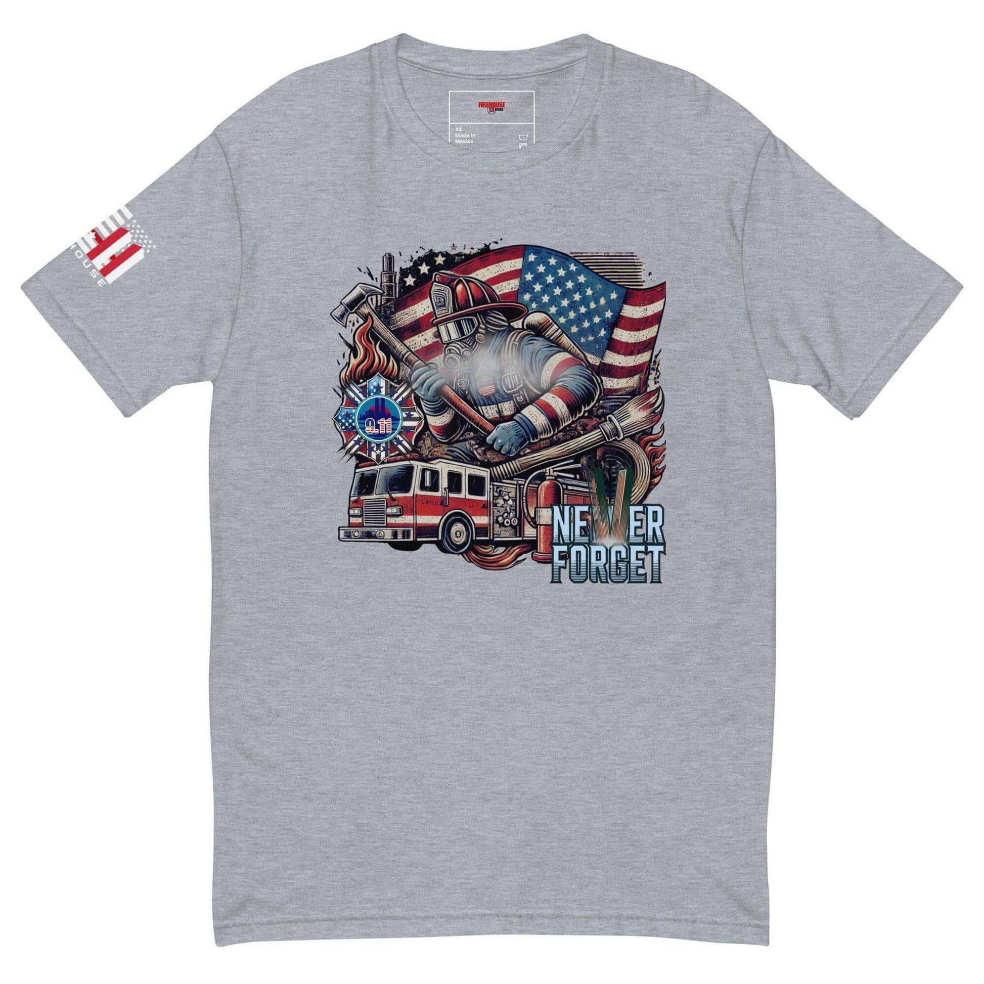 Short sleeve firefighter t-shirt featuring a graphic of a firefighter, fire truck, and American flag design.