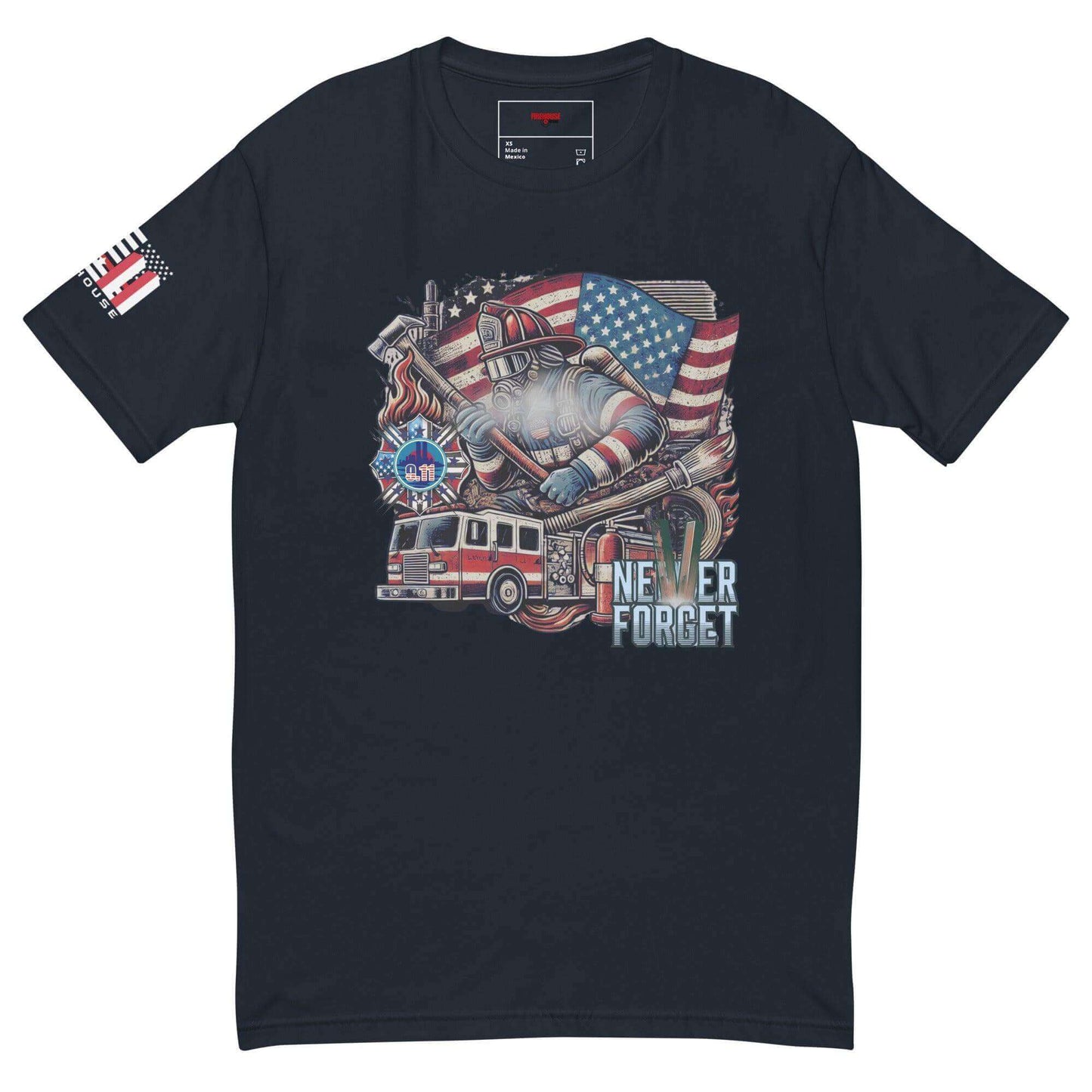 Black short sleeve t-shirt featuring firefighter-themed design with American flag and "Never Forget" text. Ideal firefighter apparel.