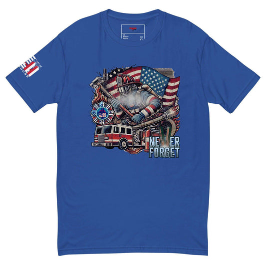 Blue short sleeve t-shirt featuring firefighter graphic, American flag, and "Never Forget" slogan, ideal for firefighter gear and gifts.