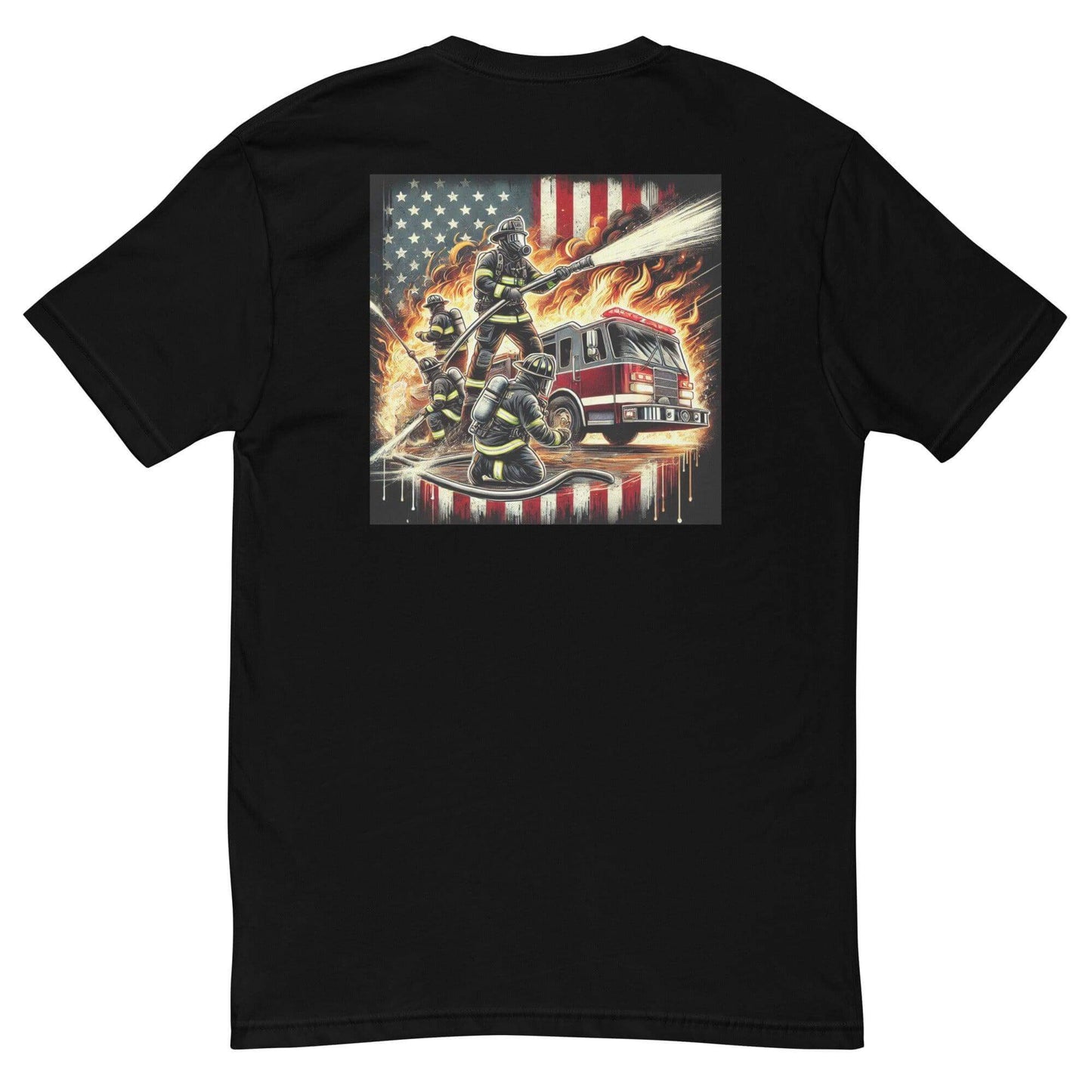 Black short sleeve t-shirt featuring firefighter graphics and American flag design, perfect for firefighter apparel enthusiasts.