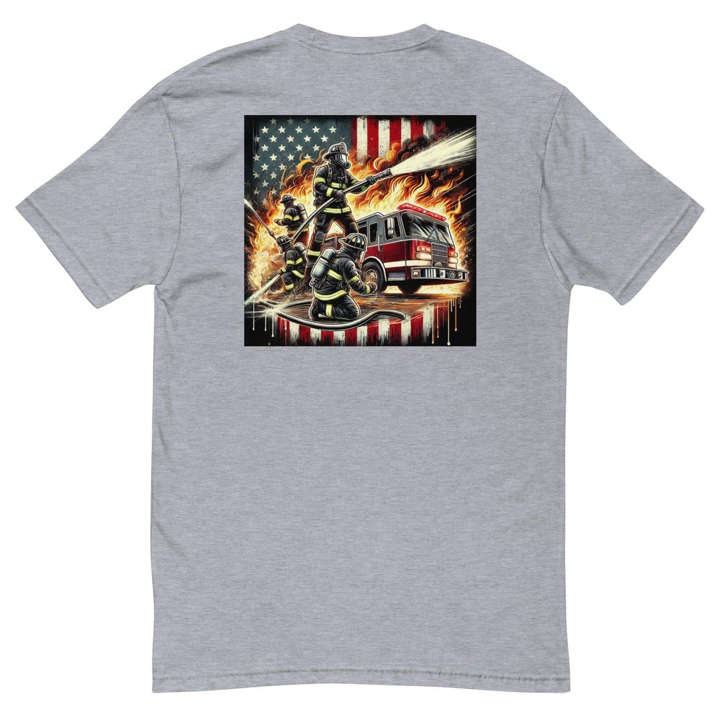 Short sleeve firefighter t-shirt featuring bold graphic of firefighters and a fire truck against an American flag background.