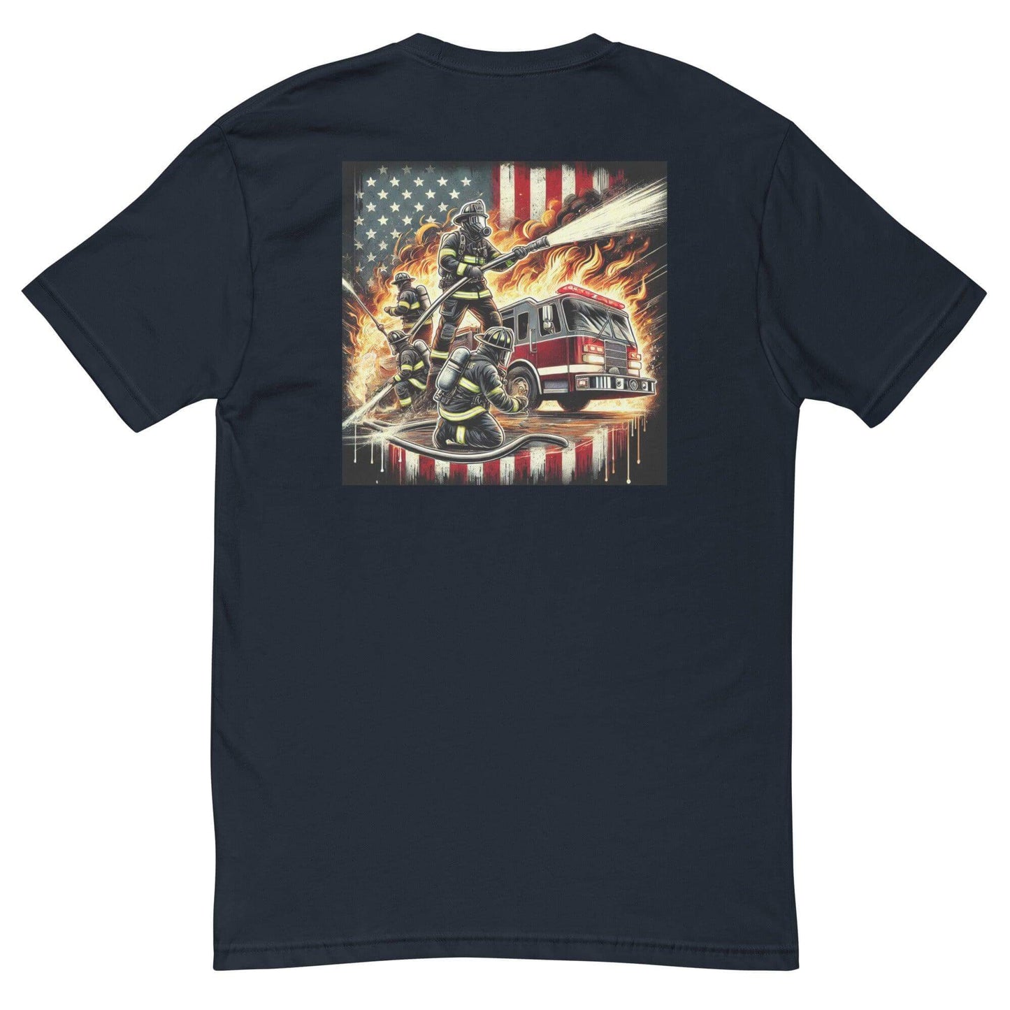 Firefighter-themed short sleeve t-shirt with vibrant back graphic, featuring firefighters, flames, and an American flag.