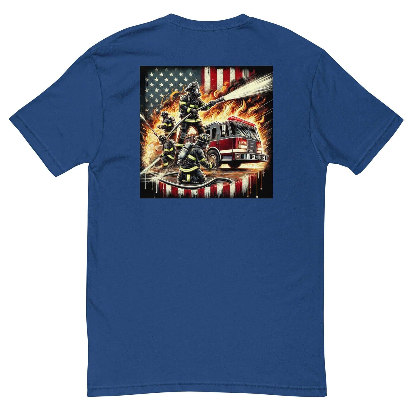 Back view of firefighter-themed t-shirt featuring graphic of firefighters, fire truck, and American flag design.