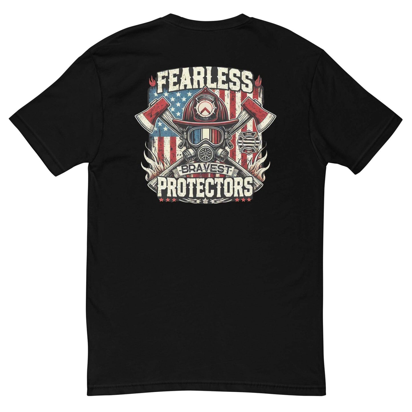 Fearless Protectors design on black short sleeve t-shirt for firefighters, featuring axes and patriotic elements.