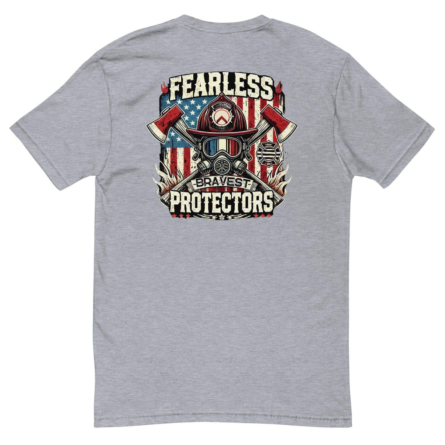 Fearless Protectors firefighter t-shirt with graphic design of axes and helmet on heather grey background.