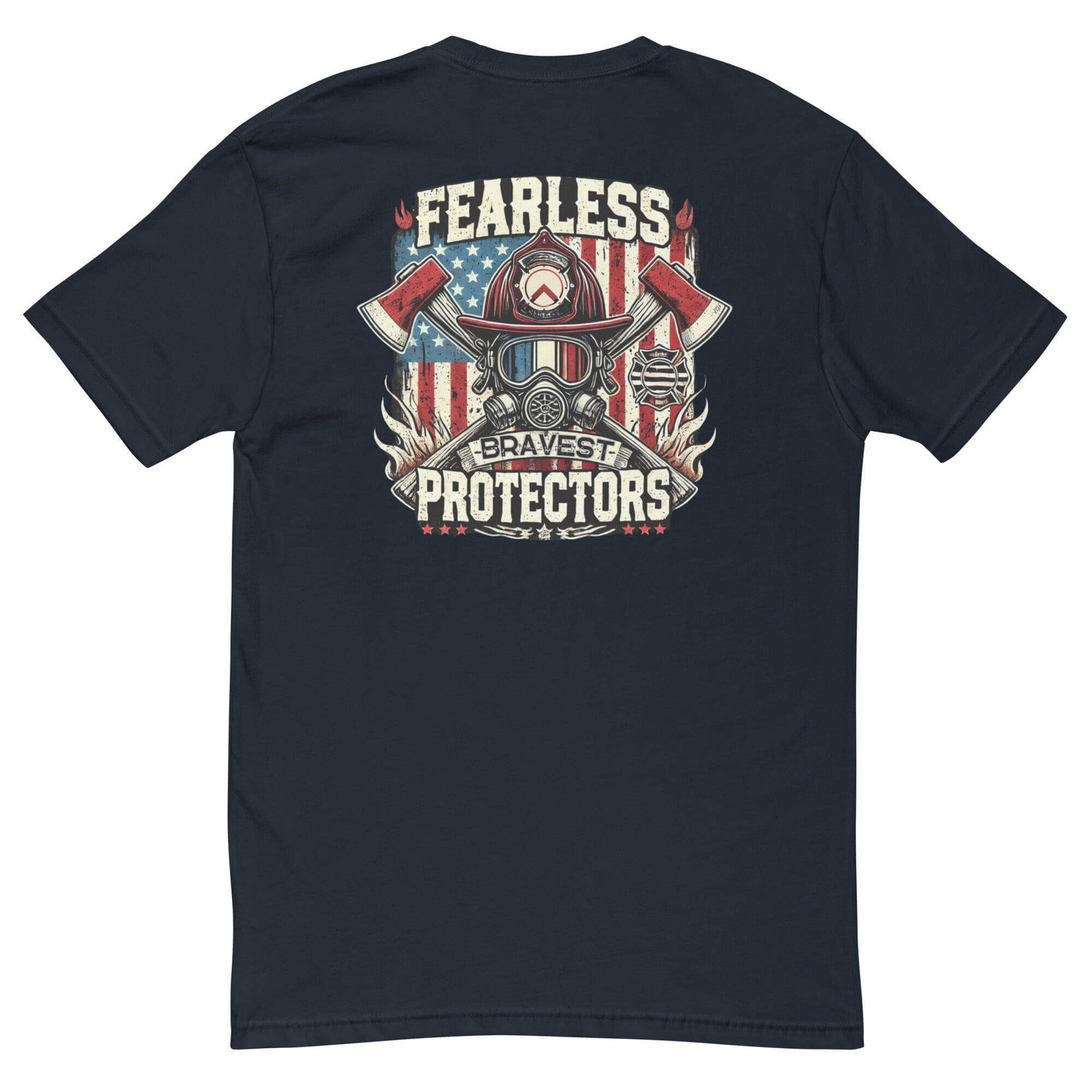 Black short sleeve t-shirt featuring "Fearless Protectors" graphic with axes and patriotic design, perfect for firefighter gear.