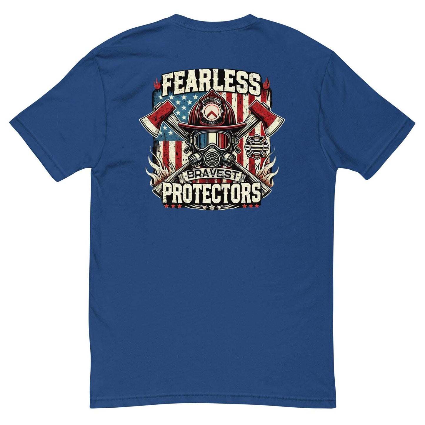 Fearless Protectors graphic on blue short sleeve t-shirt, featuring firefighting imagery and bold design. Perfect for firefighter apparel.