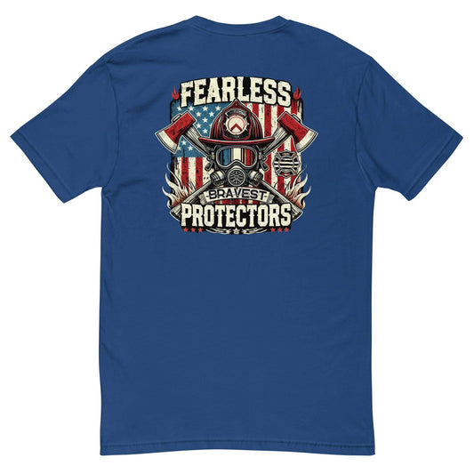 Fearless Protectors graphic on blue short sleeve t-shirt, featuring firefighting imagery and bold design. Perfect for firefighter apparel.