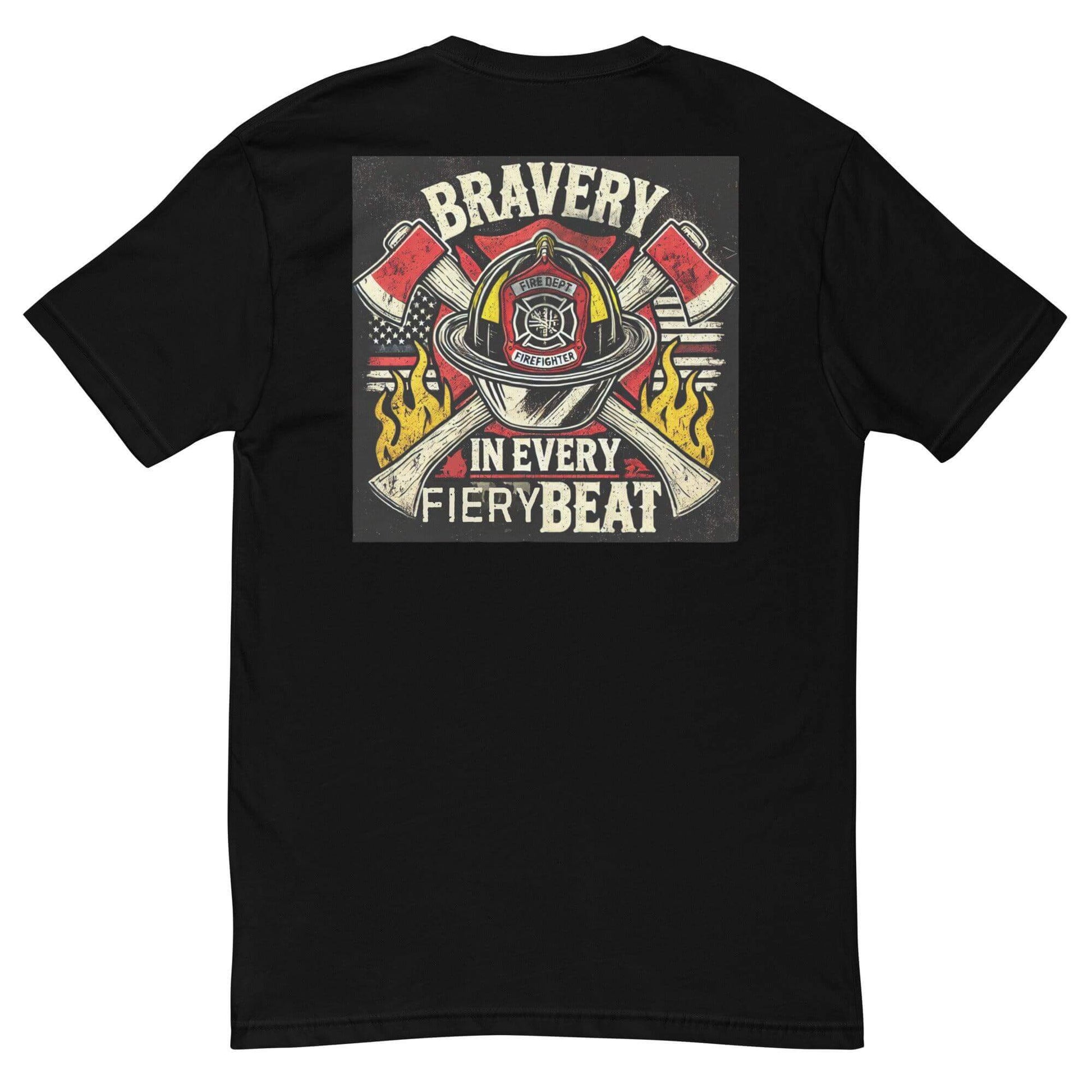 Black short sleeve t-shirt featuring firefighter-themed design with axes and the text "Bravery in Every Fiery Beat."