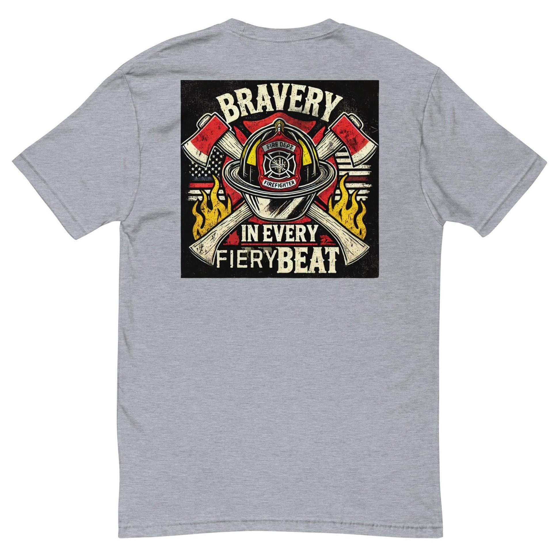 Short sleeve firefighter t-shirt featuring "Bravery in Every Fiery Beat" graphic, ideal for firehouse gifts and firefighter apparel.