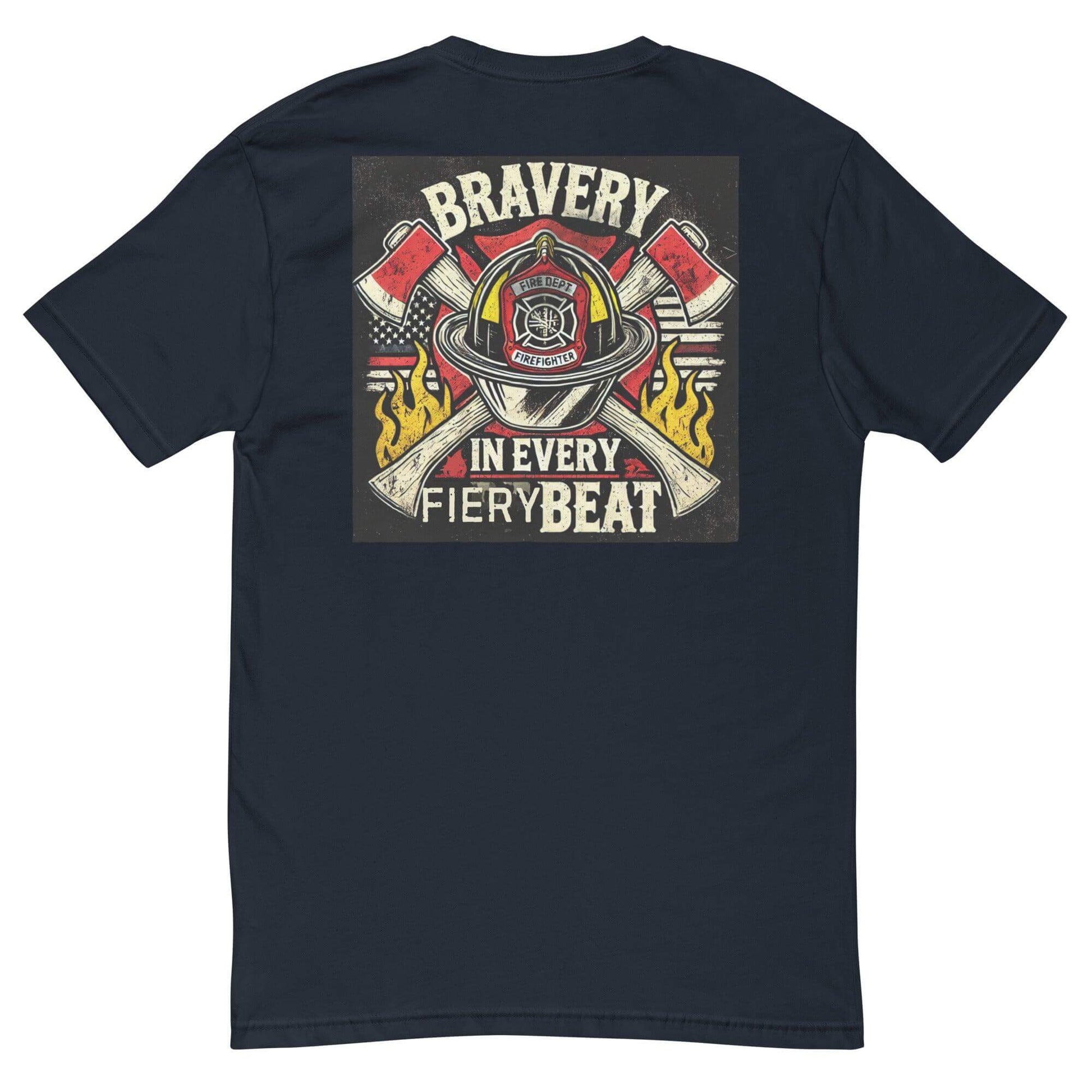 Bravery in Every Fiery Beat graphic on a firefighter t-shirt, featuring axes and flames, perfect for firefighter apparel and gifts.