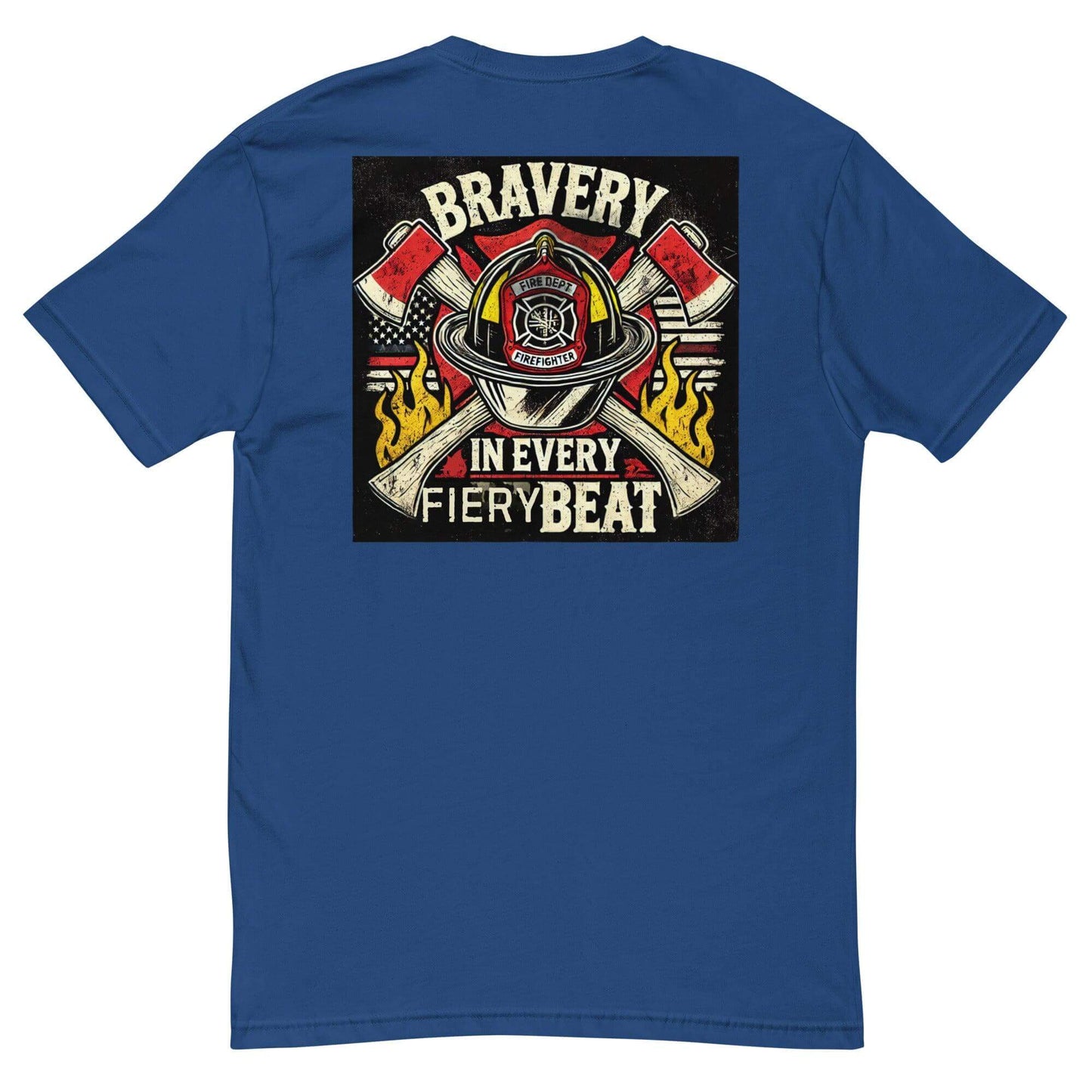 Blue short sleeve t-shirt featuring "Bravery in Every Fiery Beat" design with fire axes and flame graphics, perfect firefighter gear.