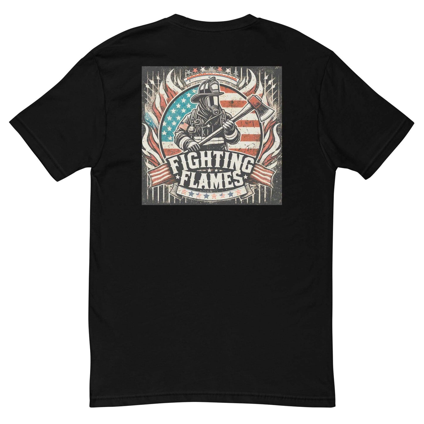 Black t-shirt featuring "Fighting Flames" graphic with firefighter and American flag design. Ideal for firefighter apparel.