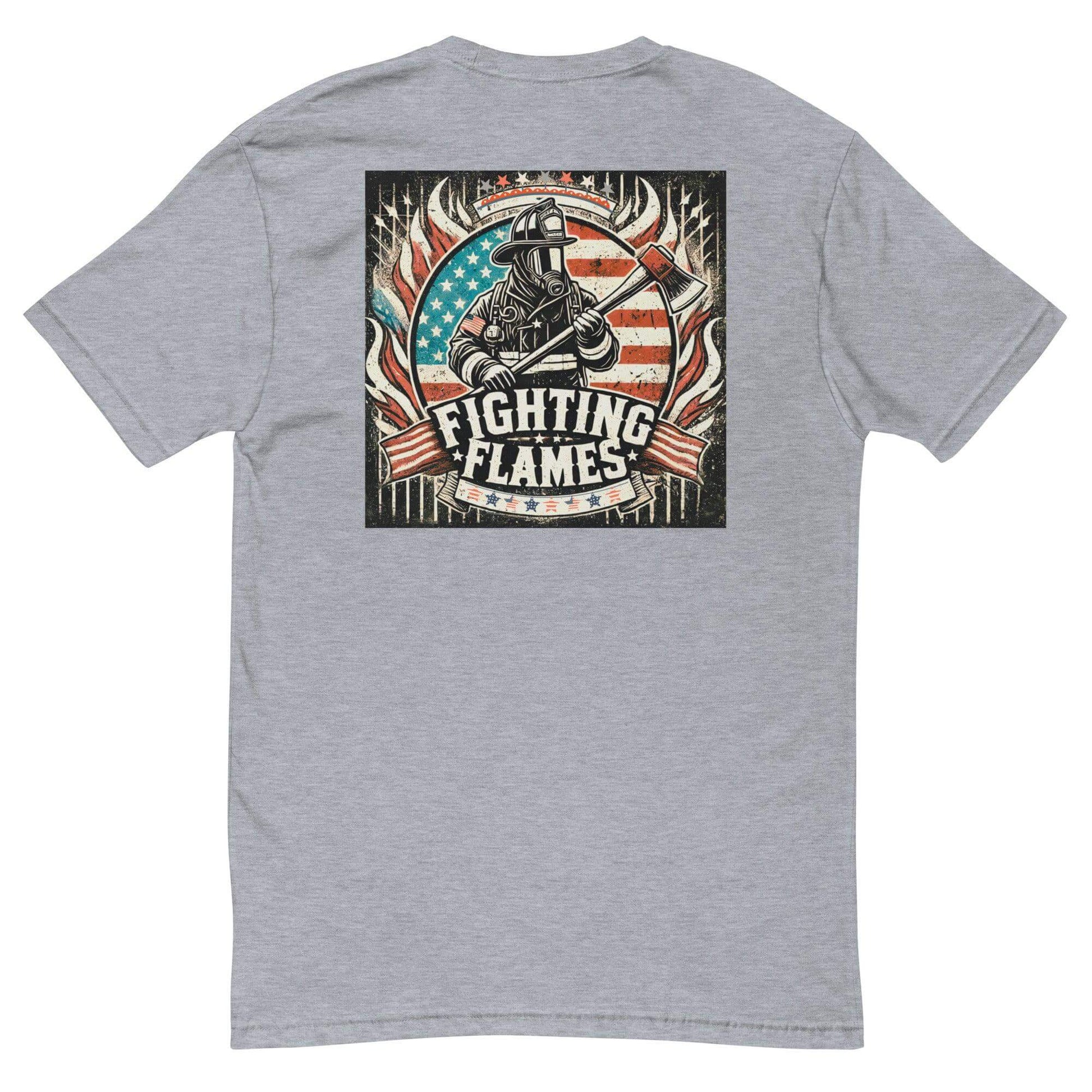 Back view of a gray short sleeve t-shirt featuring a firefighter graphic with the slogan "Fighting Flames."