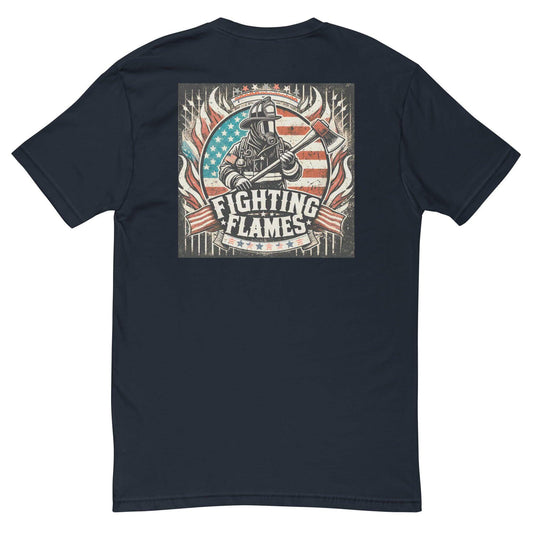 Short sleeve firefighter t-shirt featuring "Fighting Flames" graphic and American flag design, perfect for firefighter gifts.