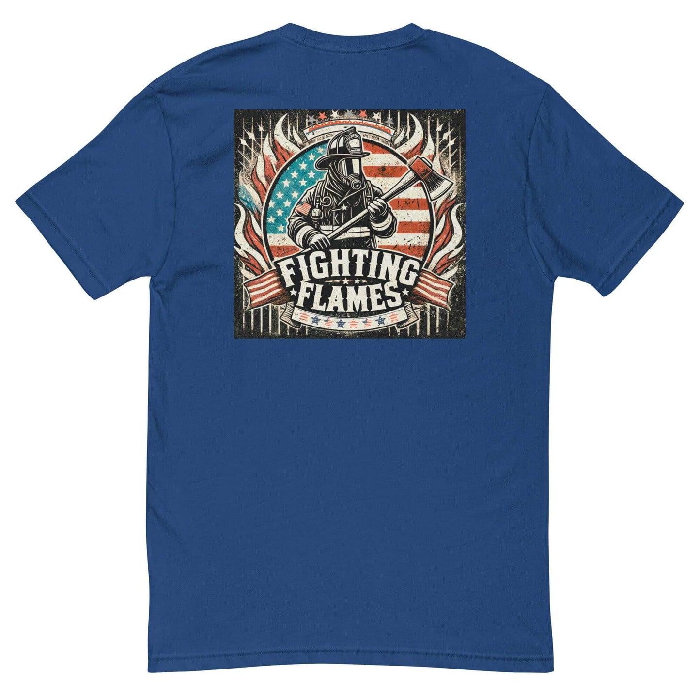 Short sleeve blue t-shirt featuring a firefighter graphic with "Fighting Flames" design and American flag background.