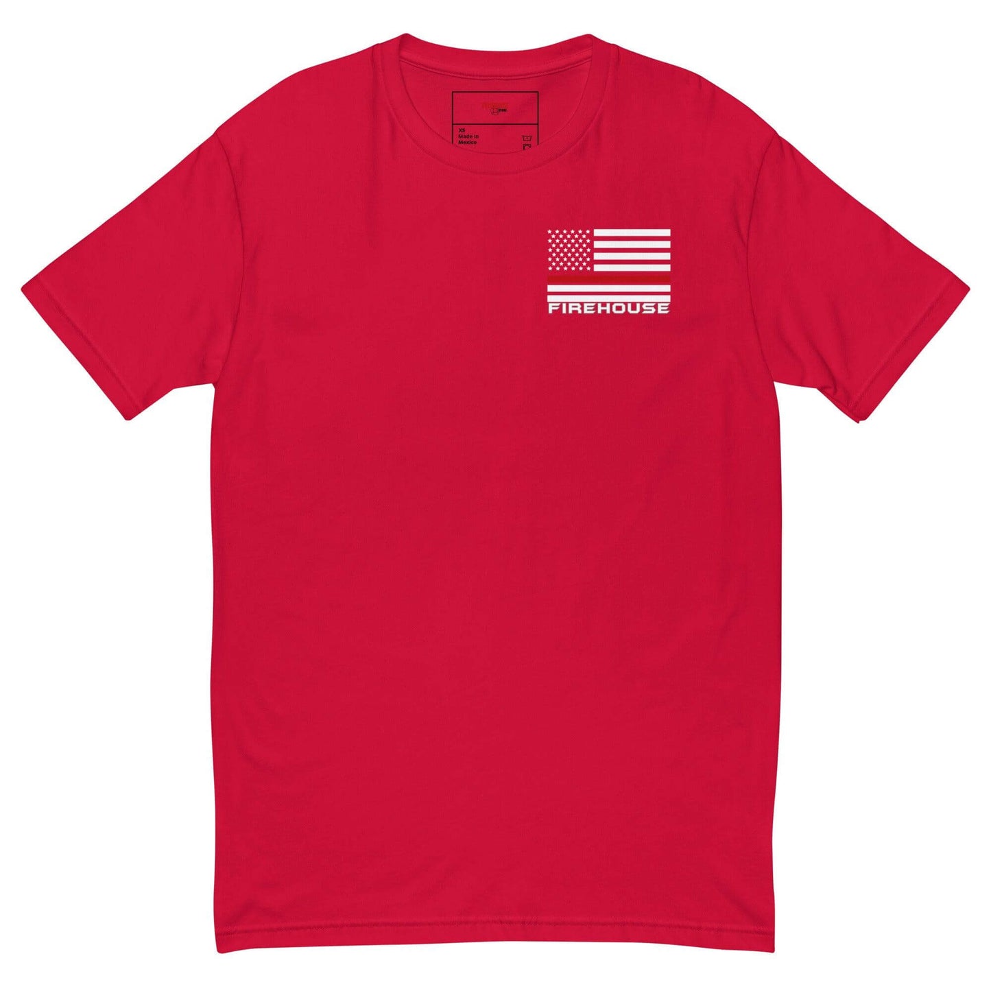 Red short sleeve t-shirt featuring American flag and "FIREHOUSE" print, perfect for firefighter apparel and gifts.