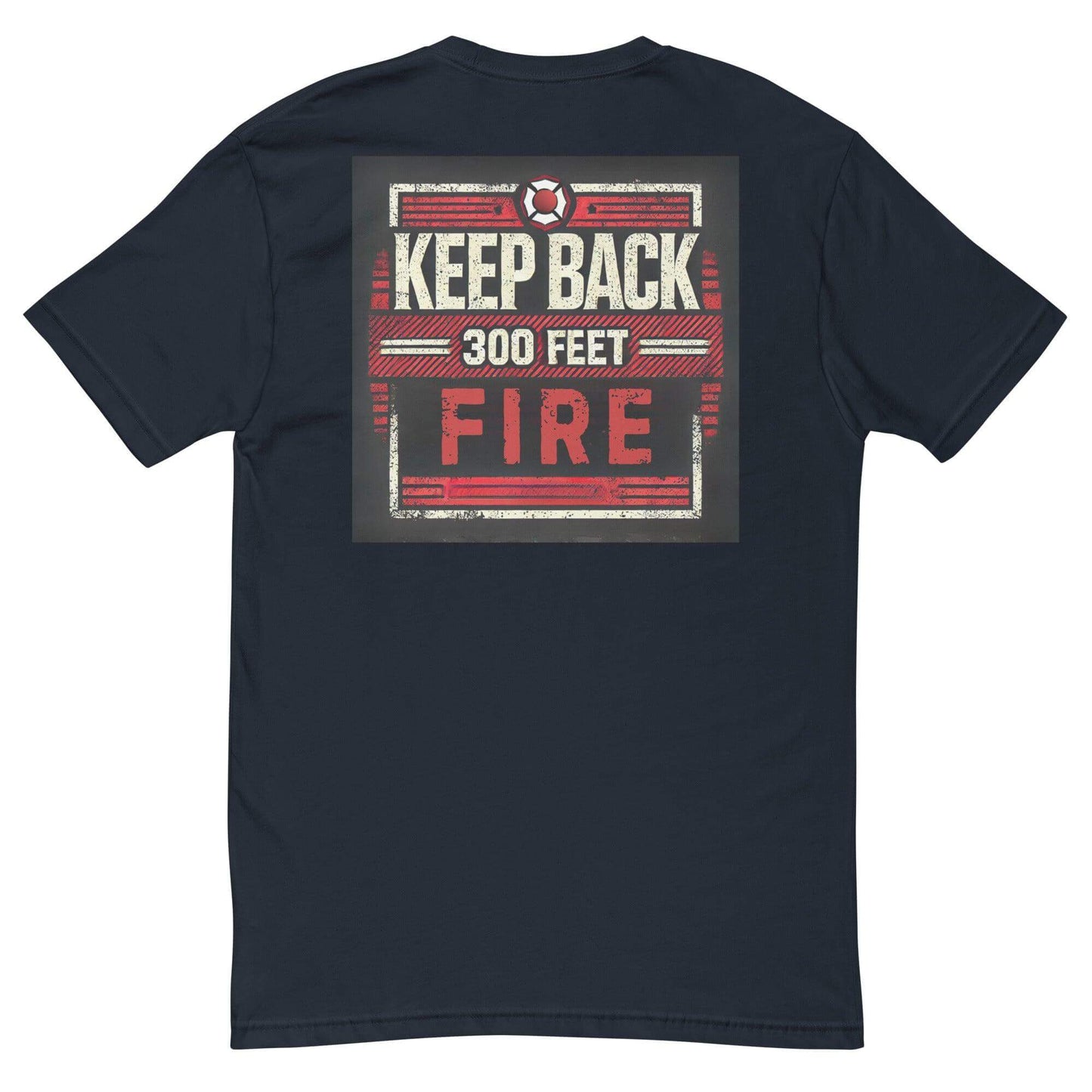 Black t-shirt featuring "Keep Back 300 Feet Fire" graphic, perfect for firefighter gear and gifts.