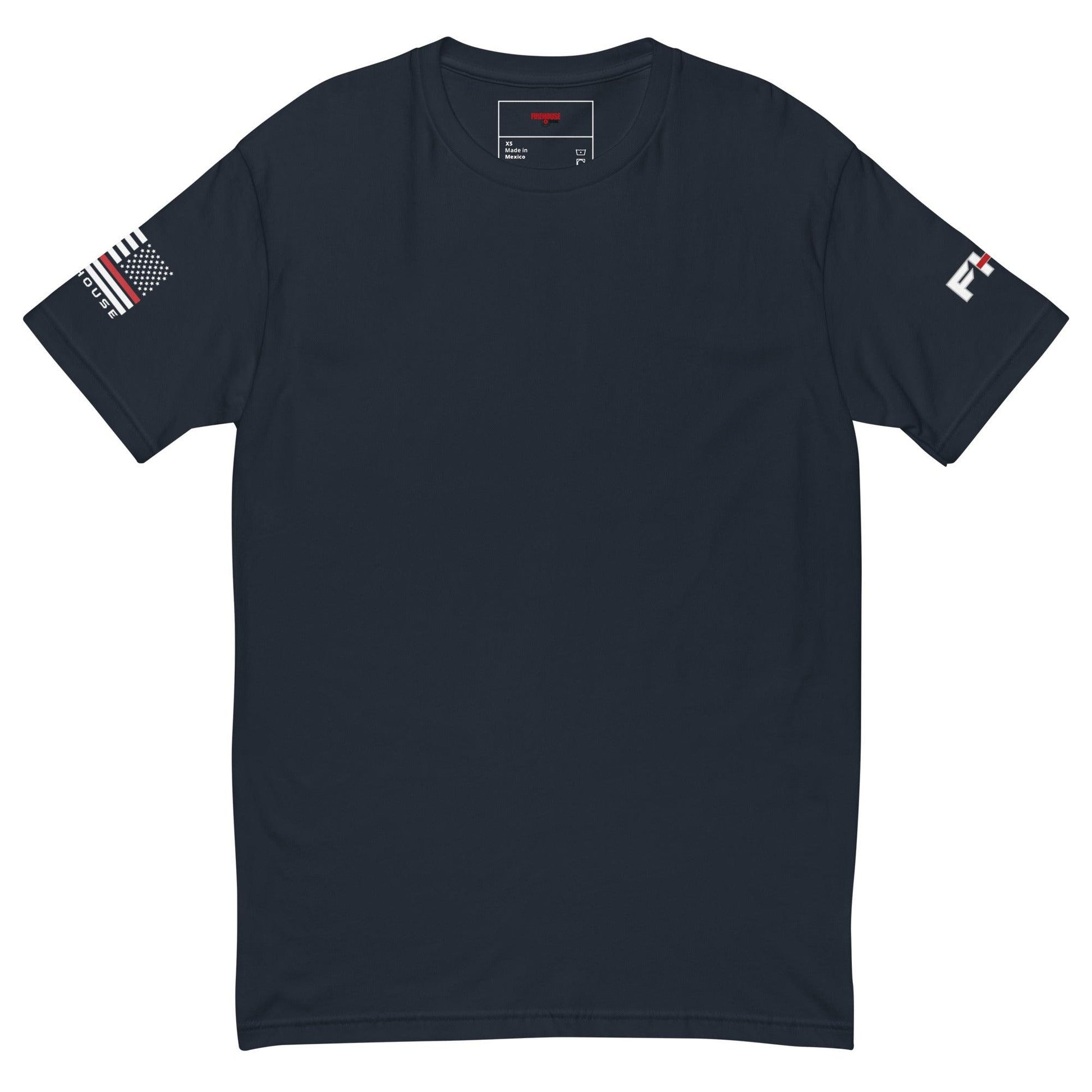 Comfortable short sleeve t-shirt for firefighters featuring flag design on sleeves, perfect for casual wear or as firefighter gifts.