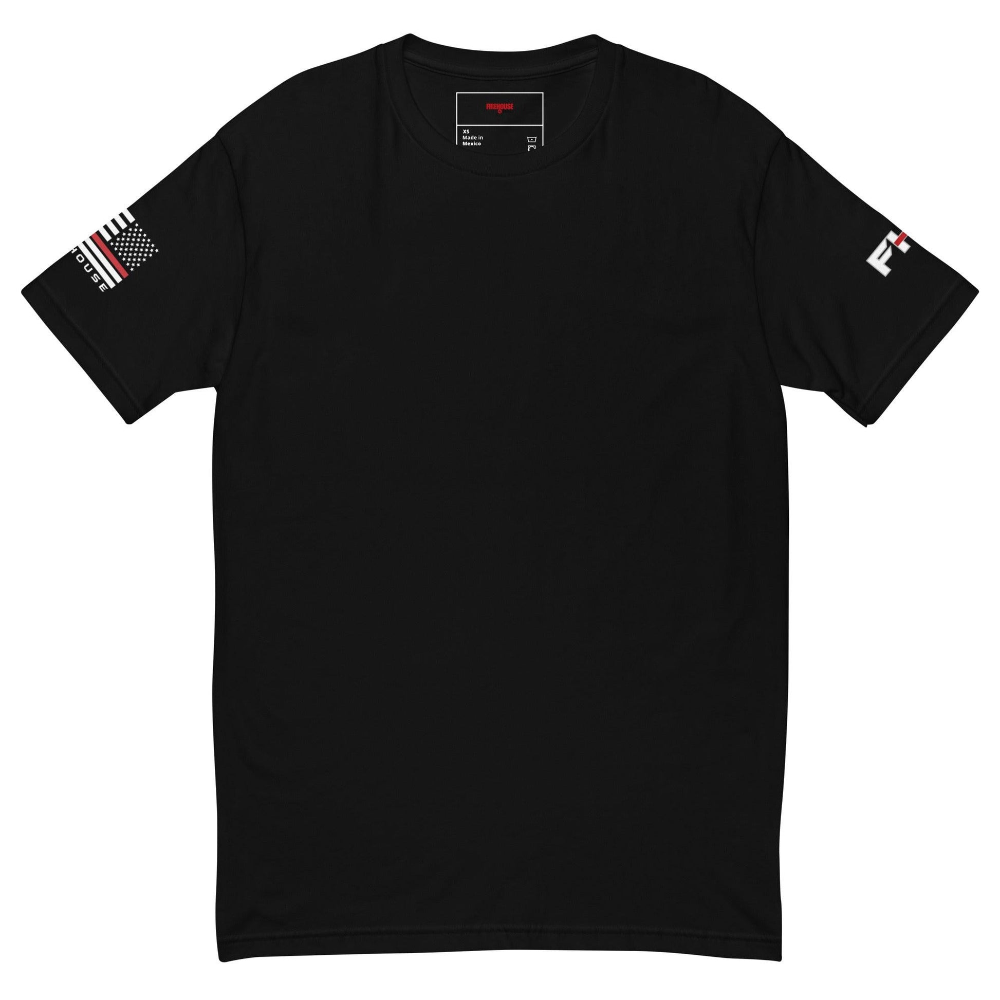 Black short sleeve t-shirt featuring American flag design, ideal for comfortable firefighter apparel and gifts.