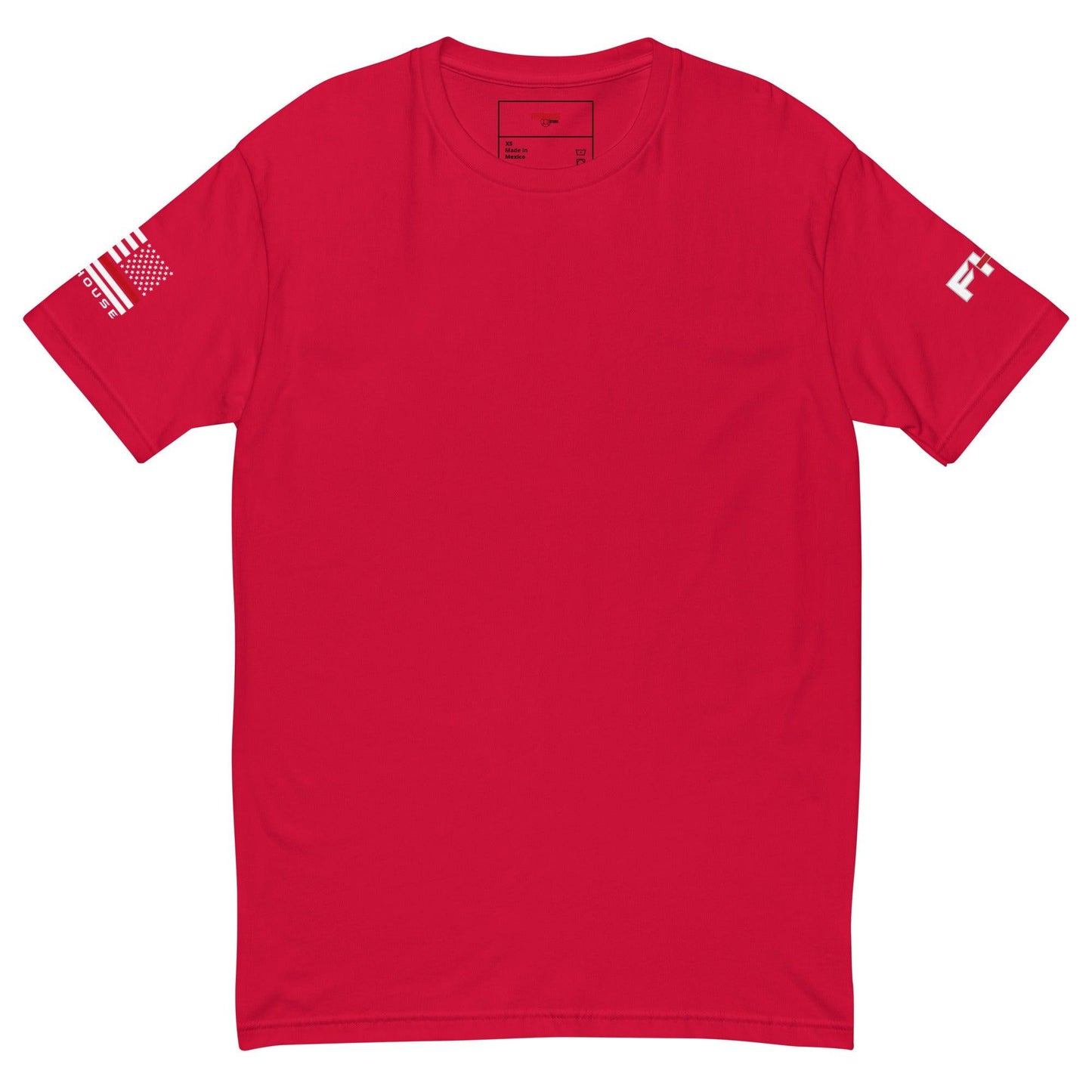 Red short sleeve t-shirt featuring American flag design, perfect for firefighter apparel and gifts. Comfortable and lightweight.