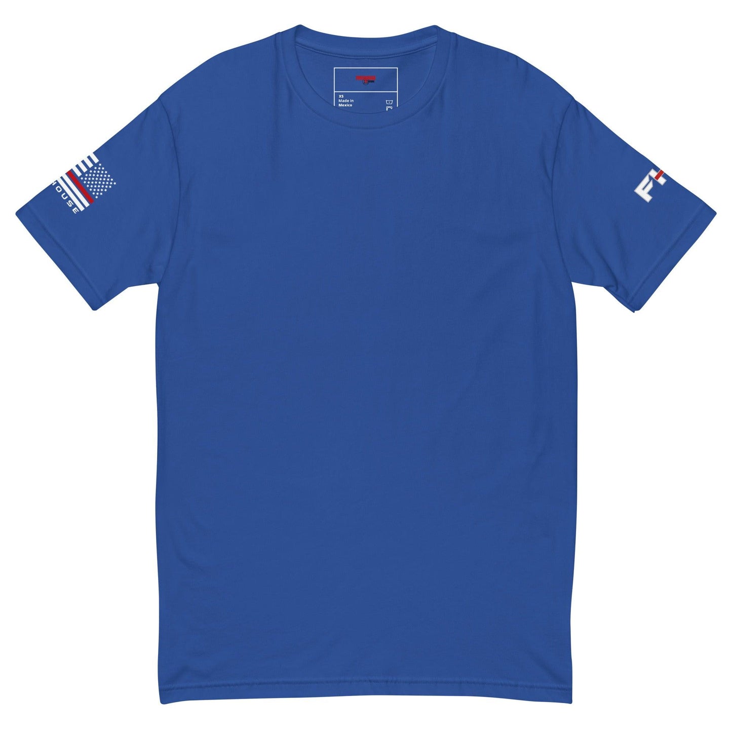 Blue short sleeve t-shirt featuring American flag detail, perfect for firefighter apparel and gifts.