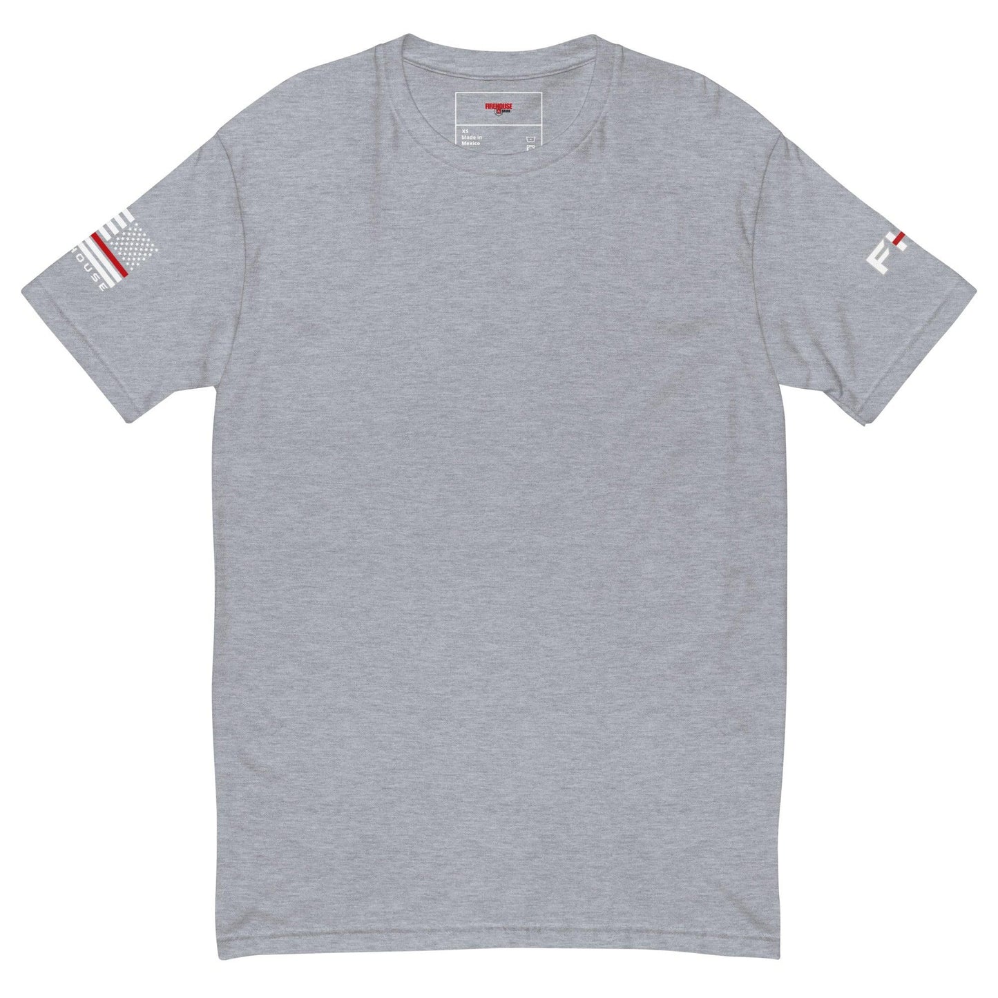 Heather Grey short sleeve t-shirt with American flag detail, ideal for firefighter apparel and firehouse gifts.