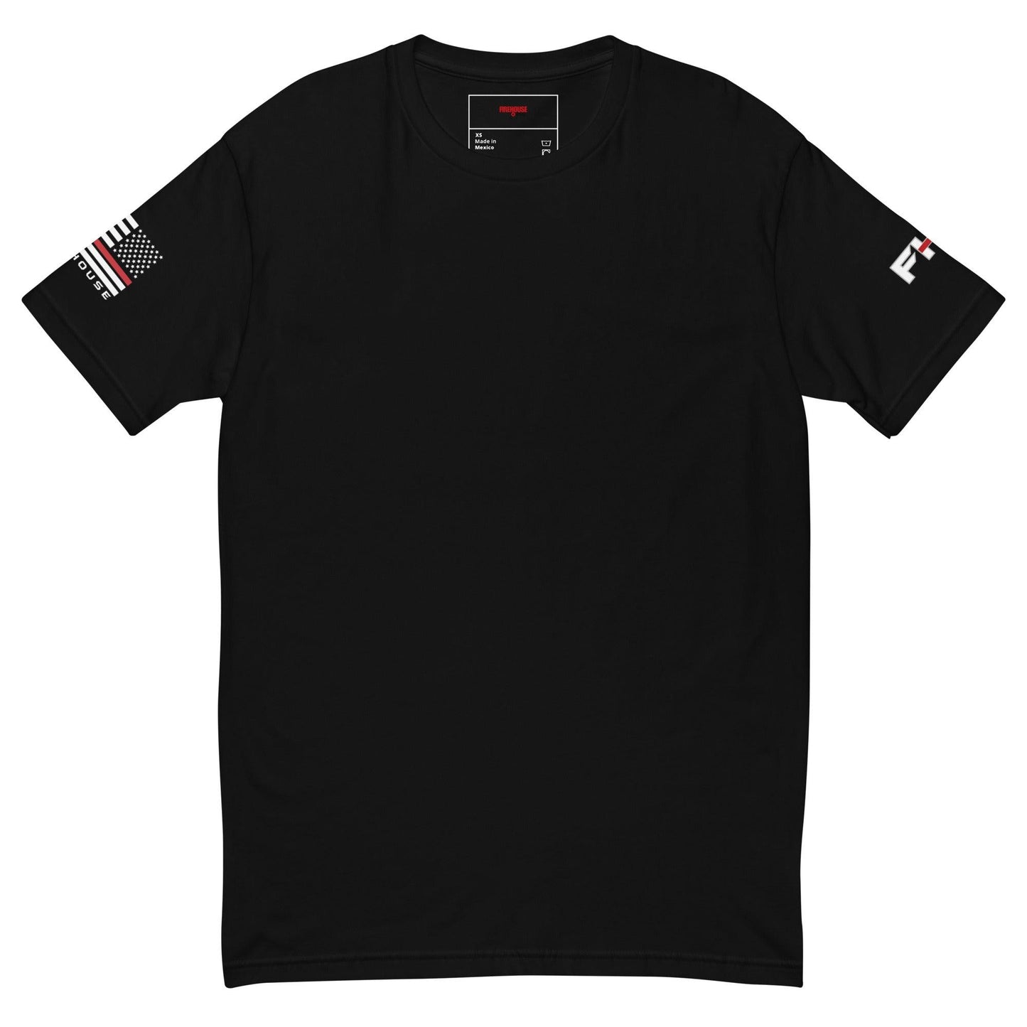 Black short sleeve t-shirt featuring American flag design, perfect for firefighter apparel and gifts.