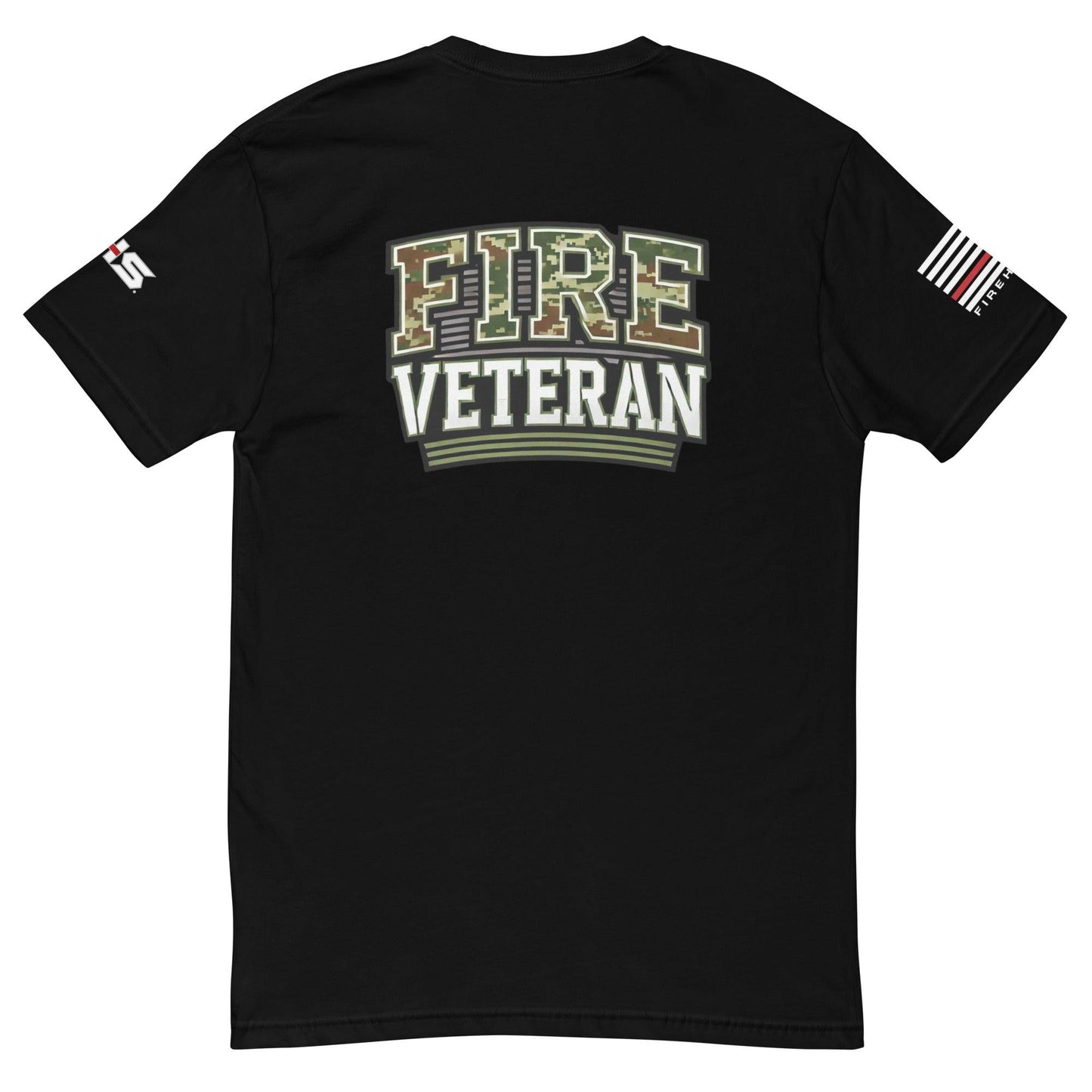 Back view of a black t-shirt featuring "FIRE VETERAN" graphic and flag design, ideal for firefighter apparel and gifts.