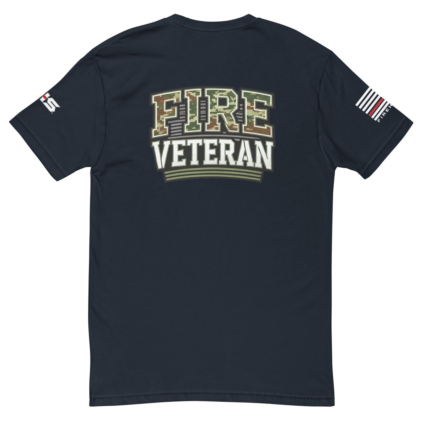 Back view of black short sleeve t-shirt featuring "FIRE VETERAN" in bold, camo print design. Ideal for firefighter apparel.