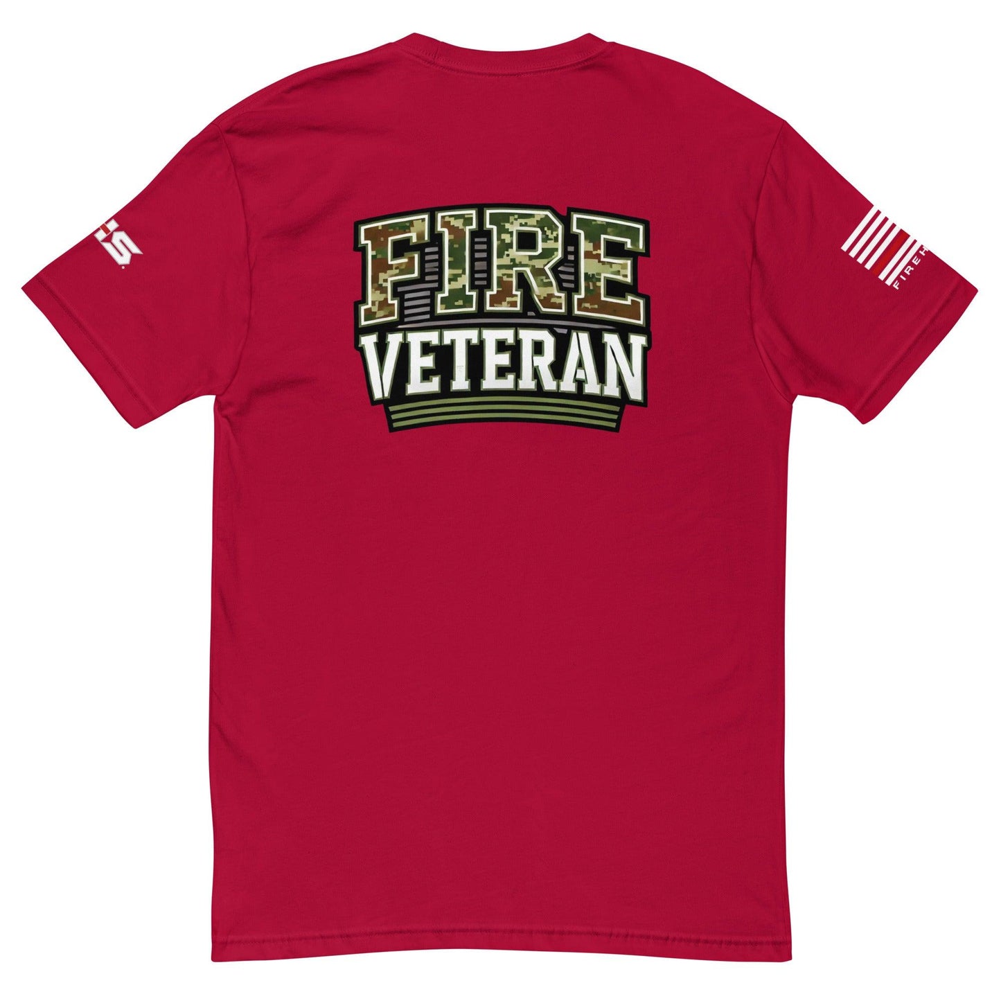 Red T-shirt with "FIRE VETERAN" graphic, ideal firefighter apparel and gifts for firehouse and veterans.