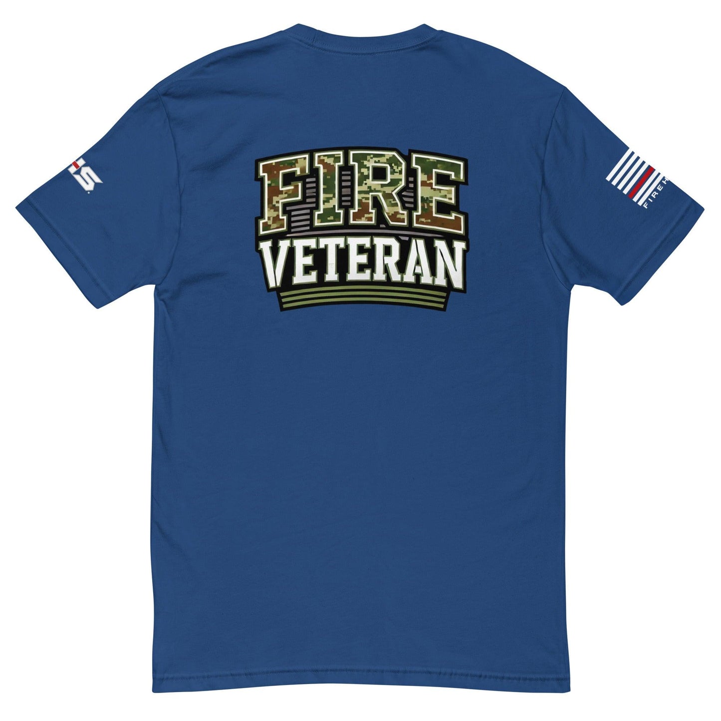 Fire veteran t-shirt in blue, featuring bold "FIRE VETERAN" text and American flag detail on the sleeve.